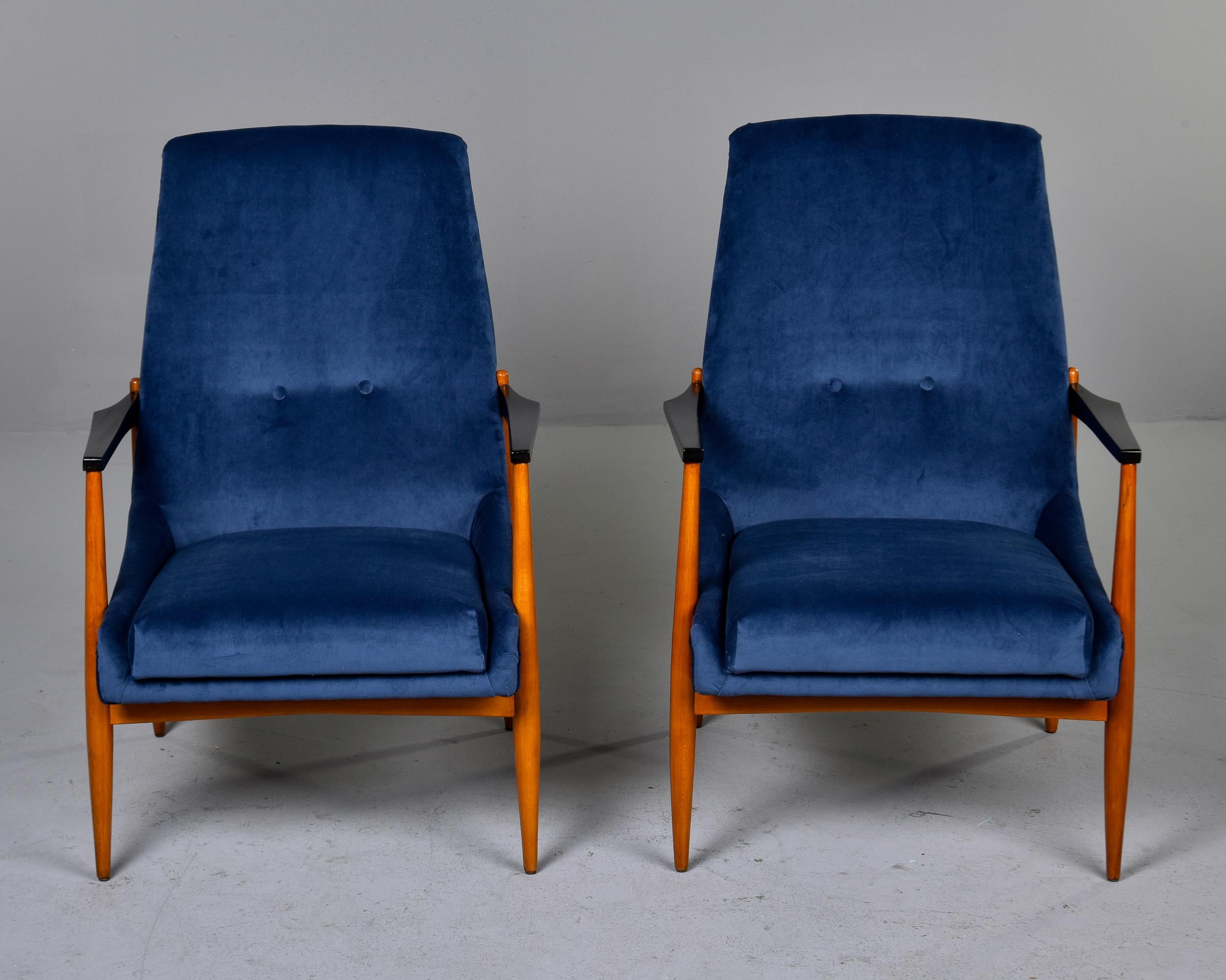 Mid-Century Modern Pair Italian Mid Century Teak Frame Lounge Chairs with New Upholstery For Sale