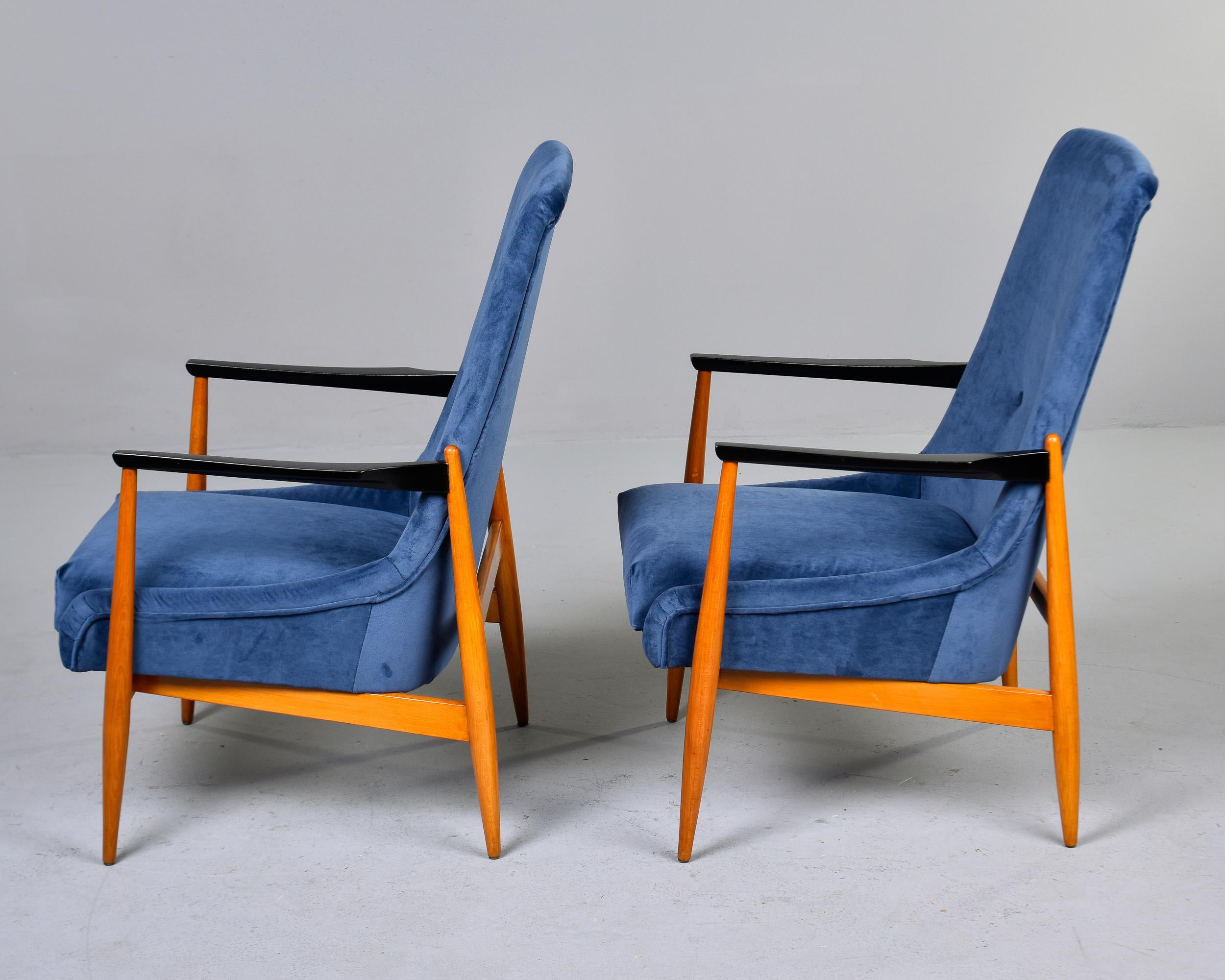 Pair Italian Mid Century Teak Frame Lounge Chairs with New Upholstery In Good Condition For Sale In Troy, MI