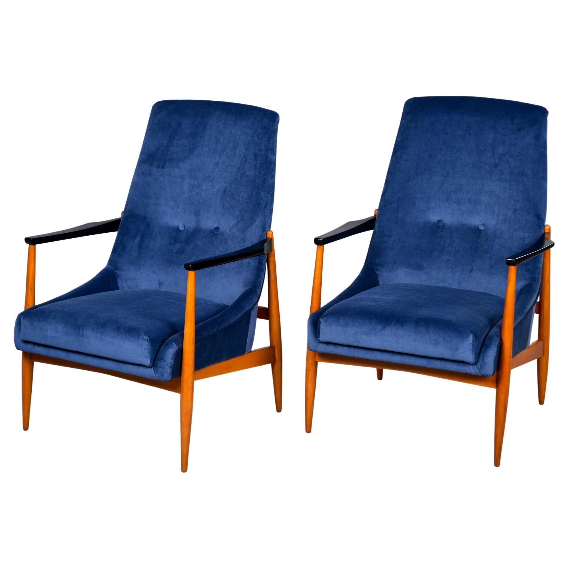 Pair Italian Mid Century Teak Frame Lounge Chairs with New Upholstery For Sale