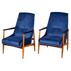 Pair Italian Mid Century Teak Frame Lounge Chairs with New Upholstery