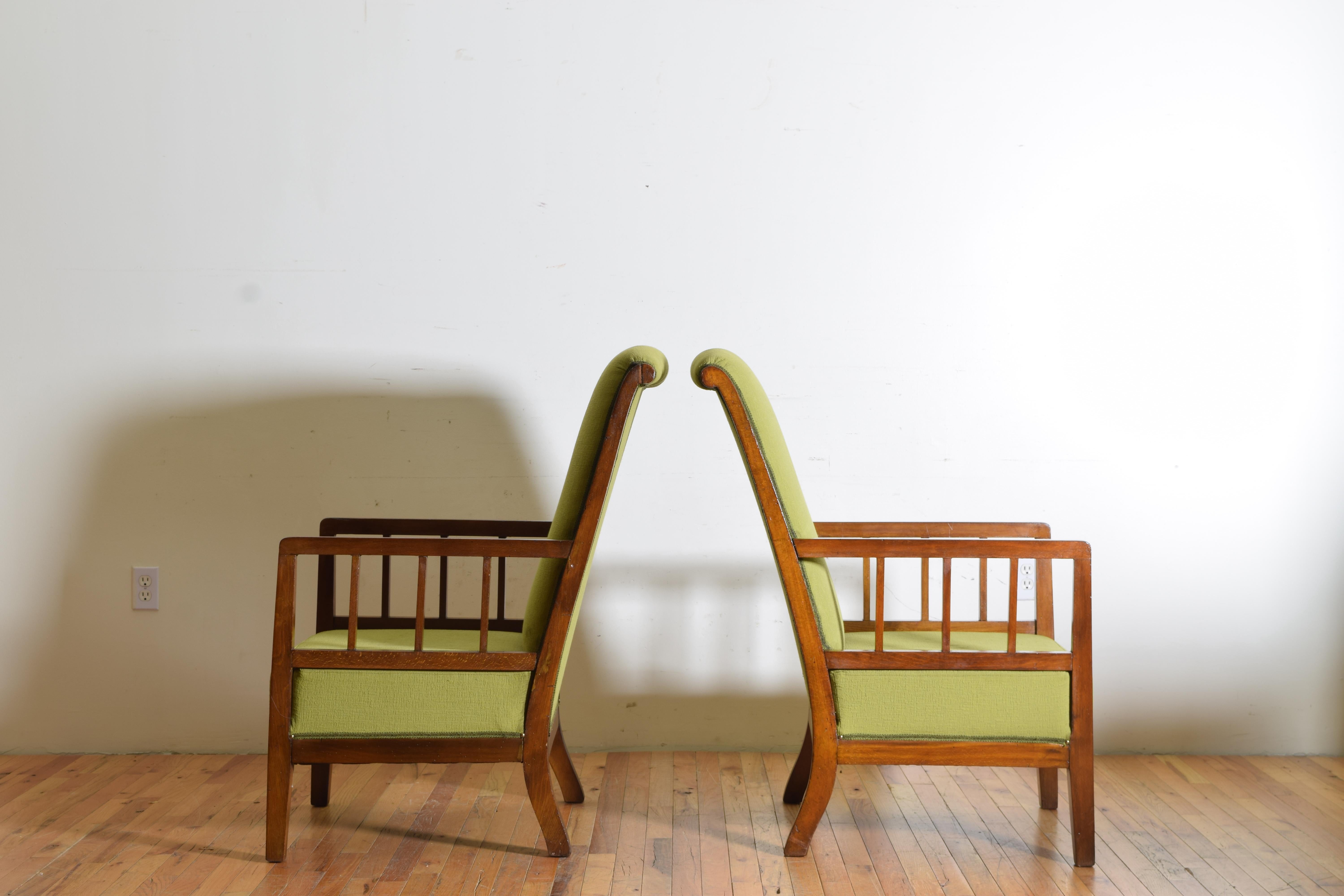 Hardwood Pair of Italian Midcentury Wooden and Upholstered Armchairs, circa 1950 For Sale