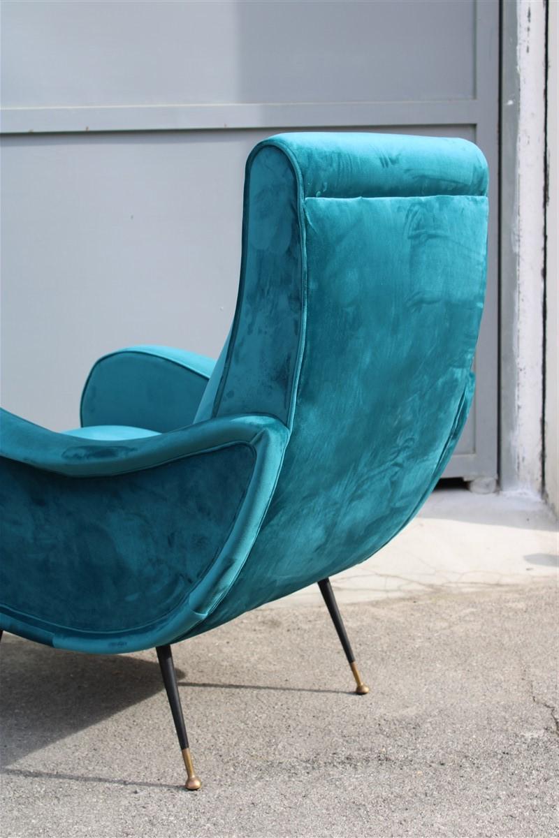 Pair of Italian Midcentury Zanuso Style Armchairs Velvet Green Brass Part, 1950s In Good Condition In Palermo, Sicily