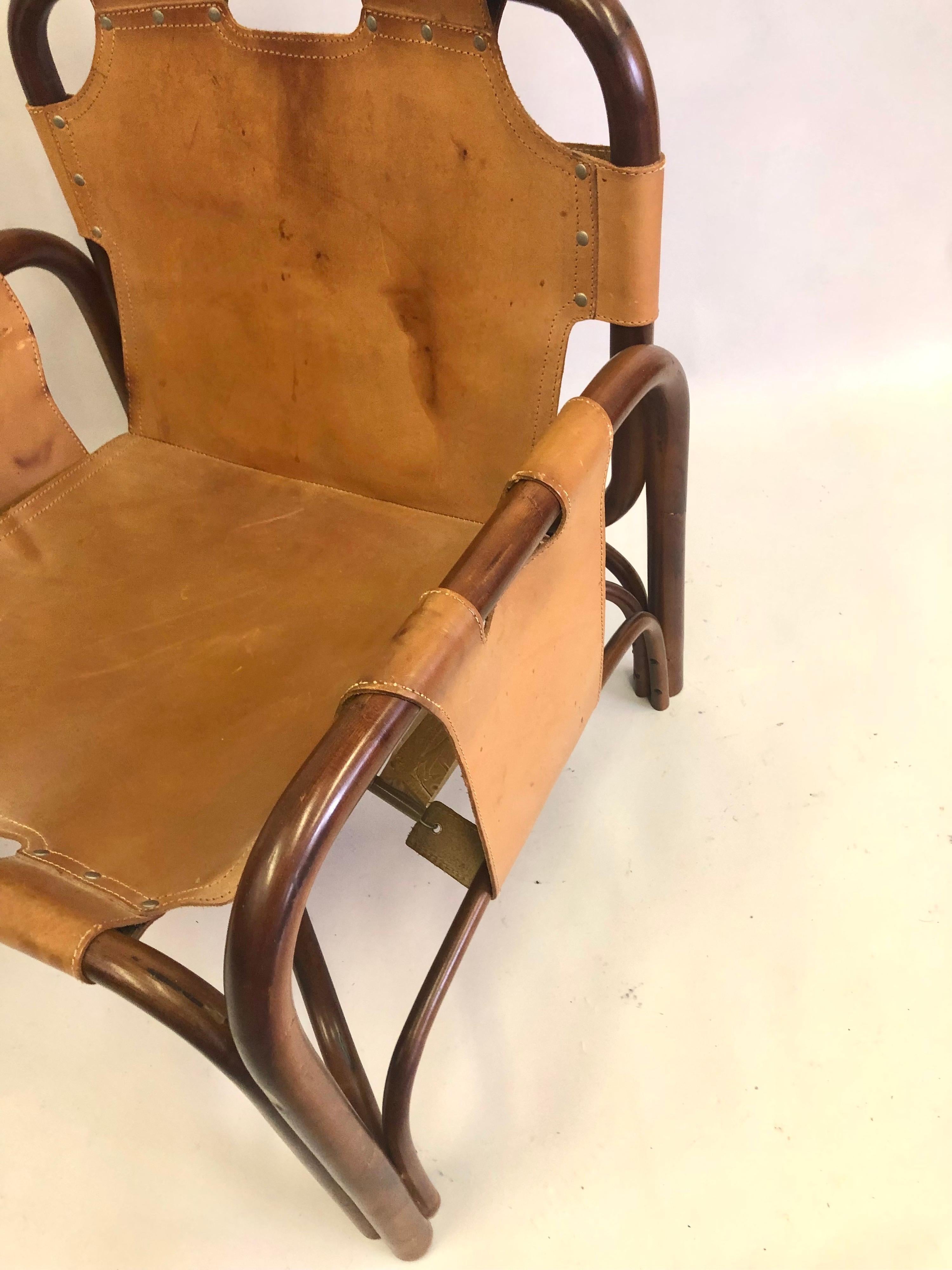 PAIR Italian Midcentury Bamboo & Stitched Leather Lounge Chairs, Jacques Adnet For Sale 7