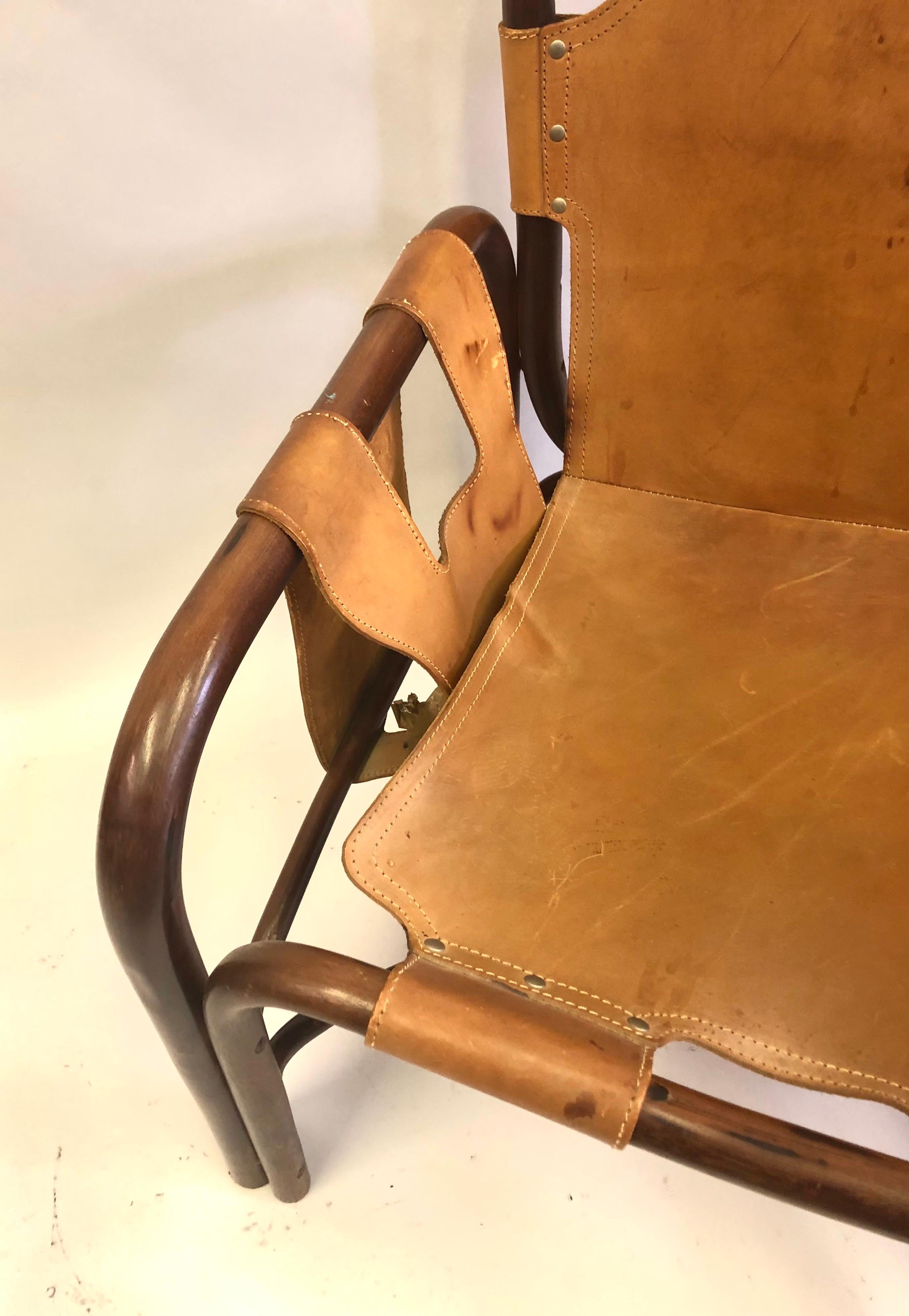 PAIR Italian Midcentury Bamboo & Stitched Leather Lounge Chairs, Jacques Adnet For Sale 8