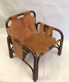 PAIR Italian Midcentury Bamboo & Stitched Leather Lounge Chairs, Jacques Adnet