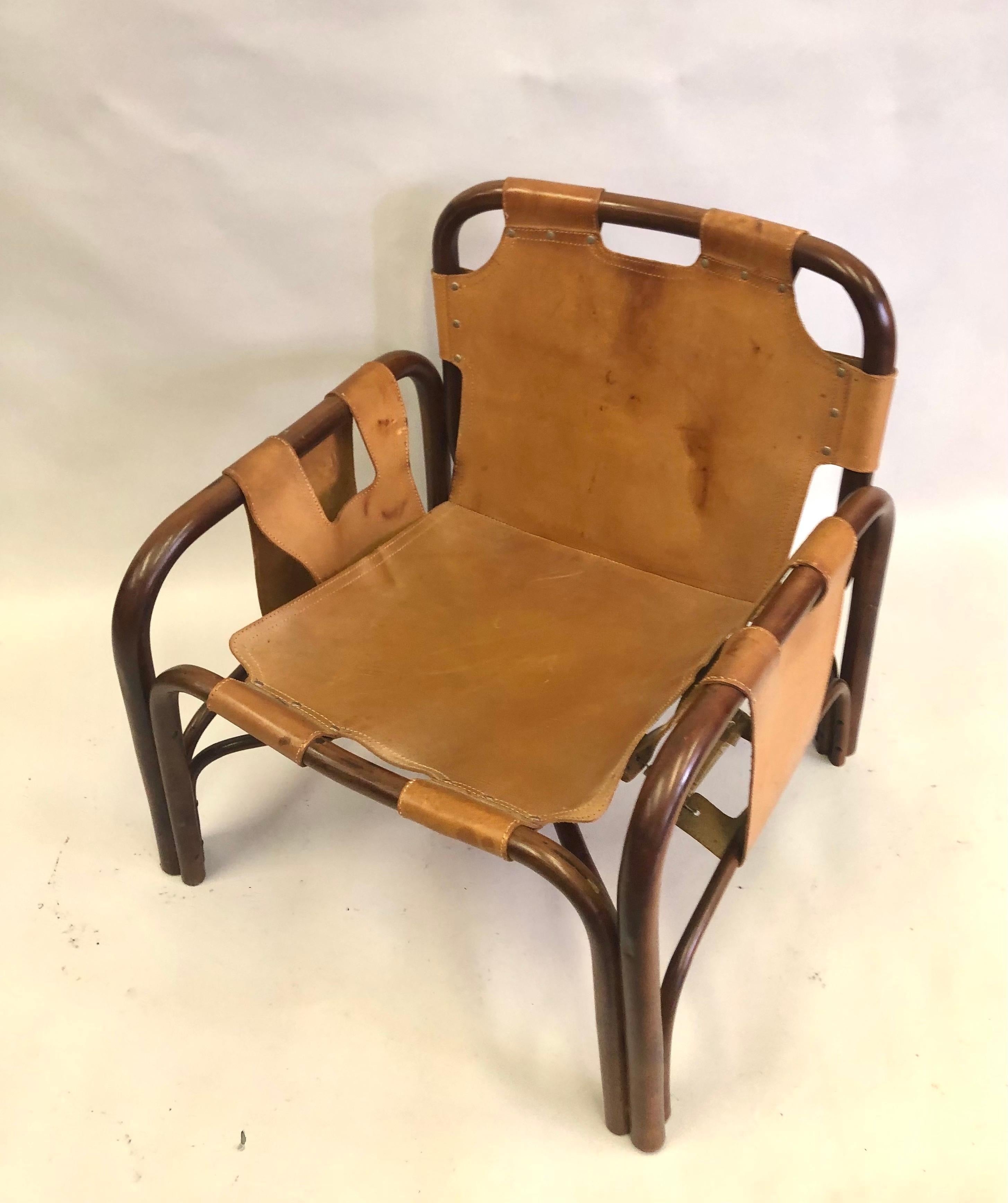 Mid-Century Modern PAIR Italian Midcentury Bamboo & Stitched Leather Lounge Chairs, Jacques Adnet For Sale