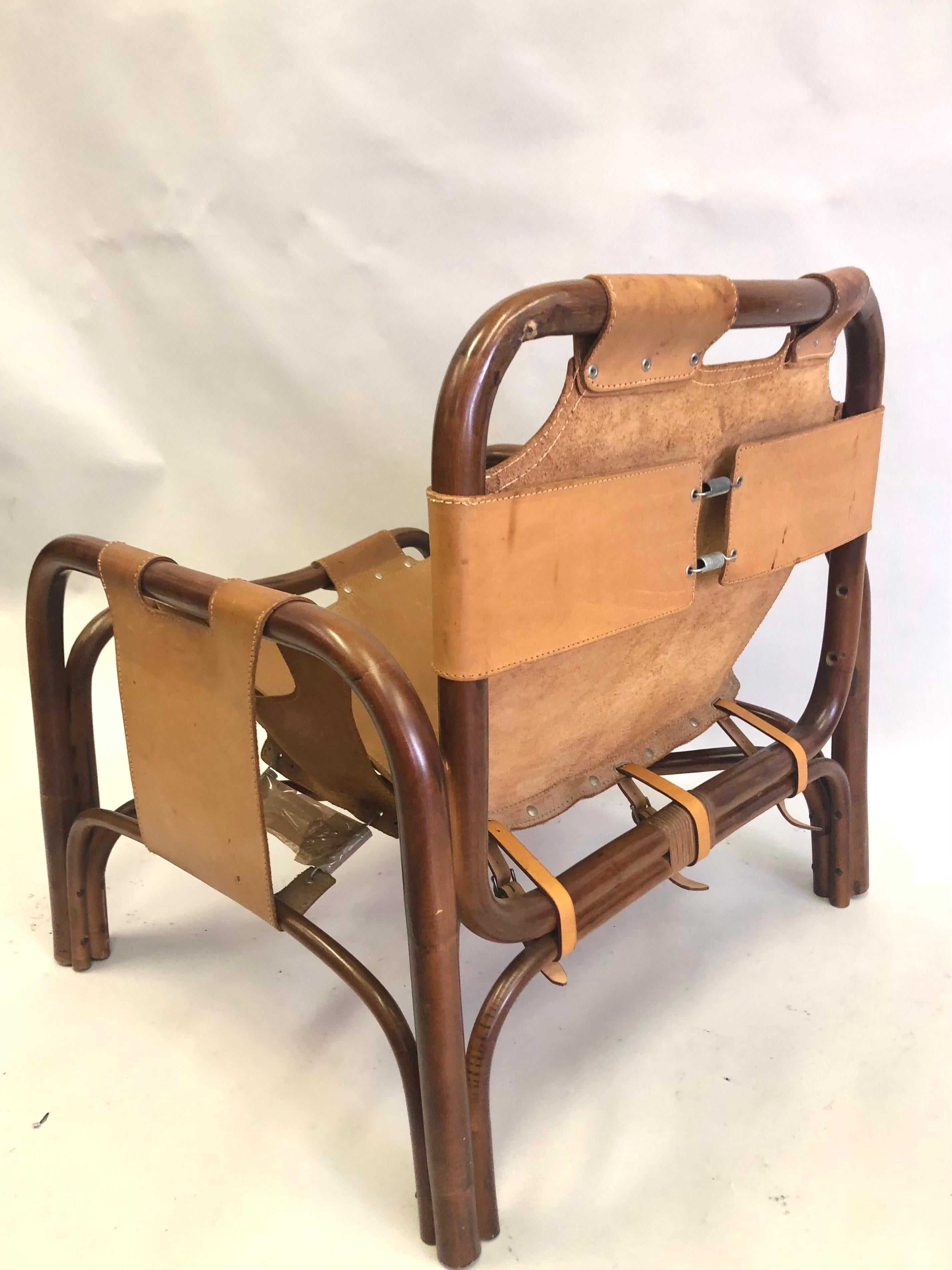 PAIR Italian Midcentury Bamboo & Stitched Leather Lounge Chairs, Jacques Adnet In Good Condition For Sale In New York, NY