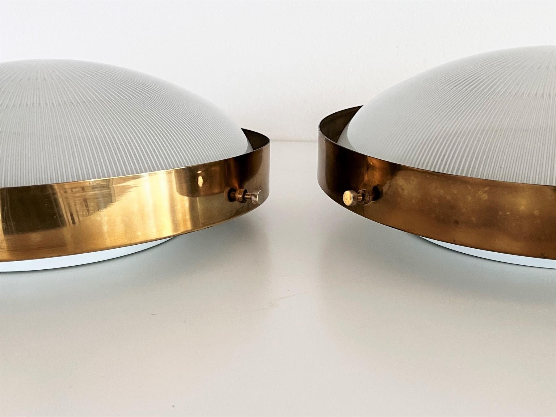 Pair Italian MidCentury Brass and Glass Flush Mount Lights or Wall Lights, 1970s 6