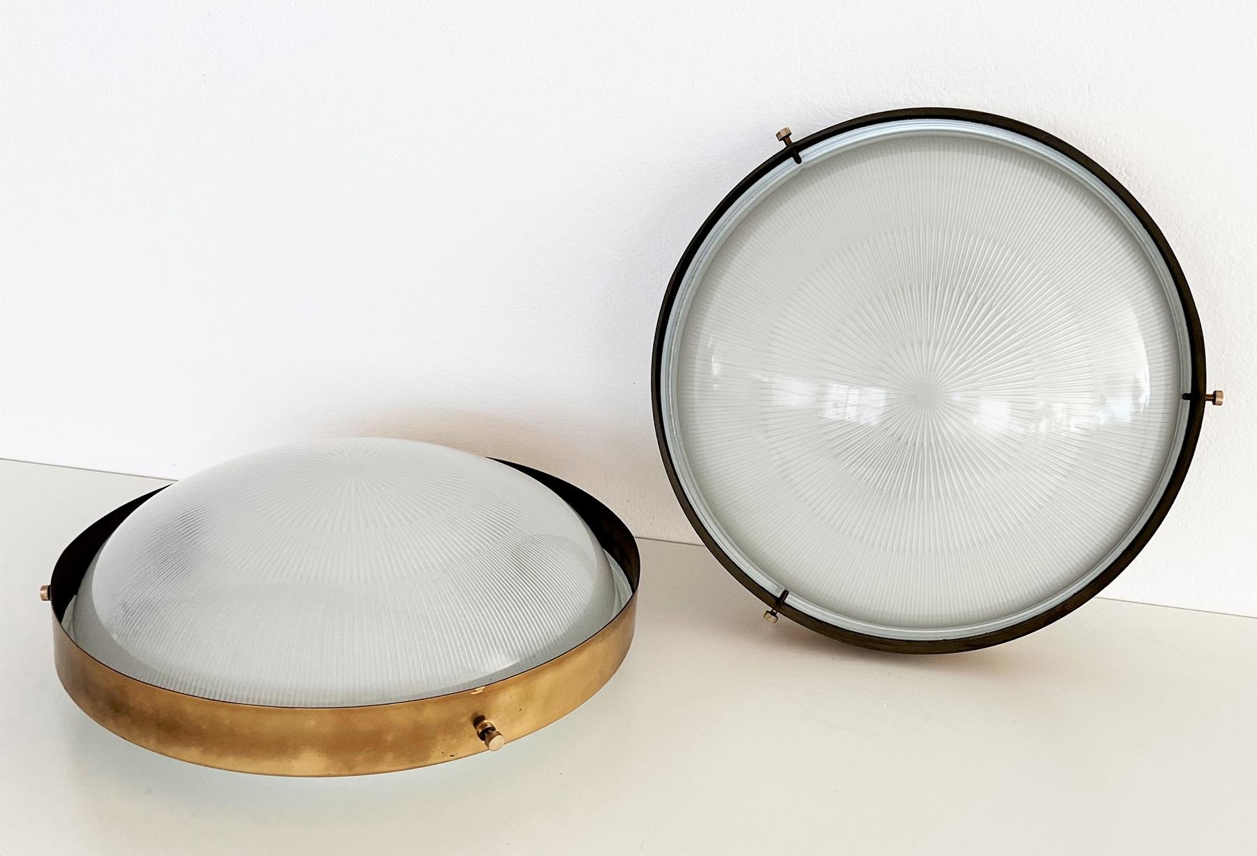 Pair Italian MidCentury Brass and Glass Flush Mount Lights or Wall Lights, 1970s 7