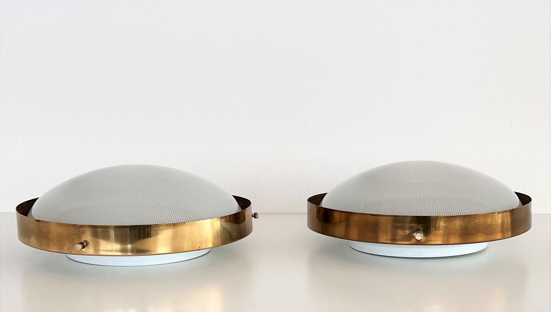 Pair Italian MidCentury Brass and Glass Flush Mount Lights or Wall Lights, 1970s 8