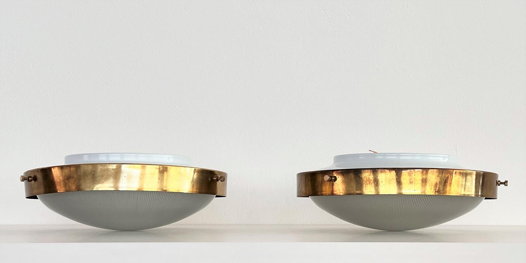 Pair Italian MidCentury Brass and Glass Flush Mount Lights or Wall Lights, 1970s 9