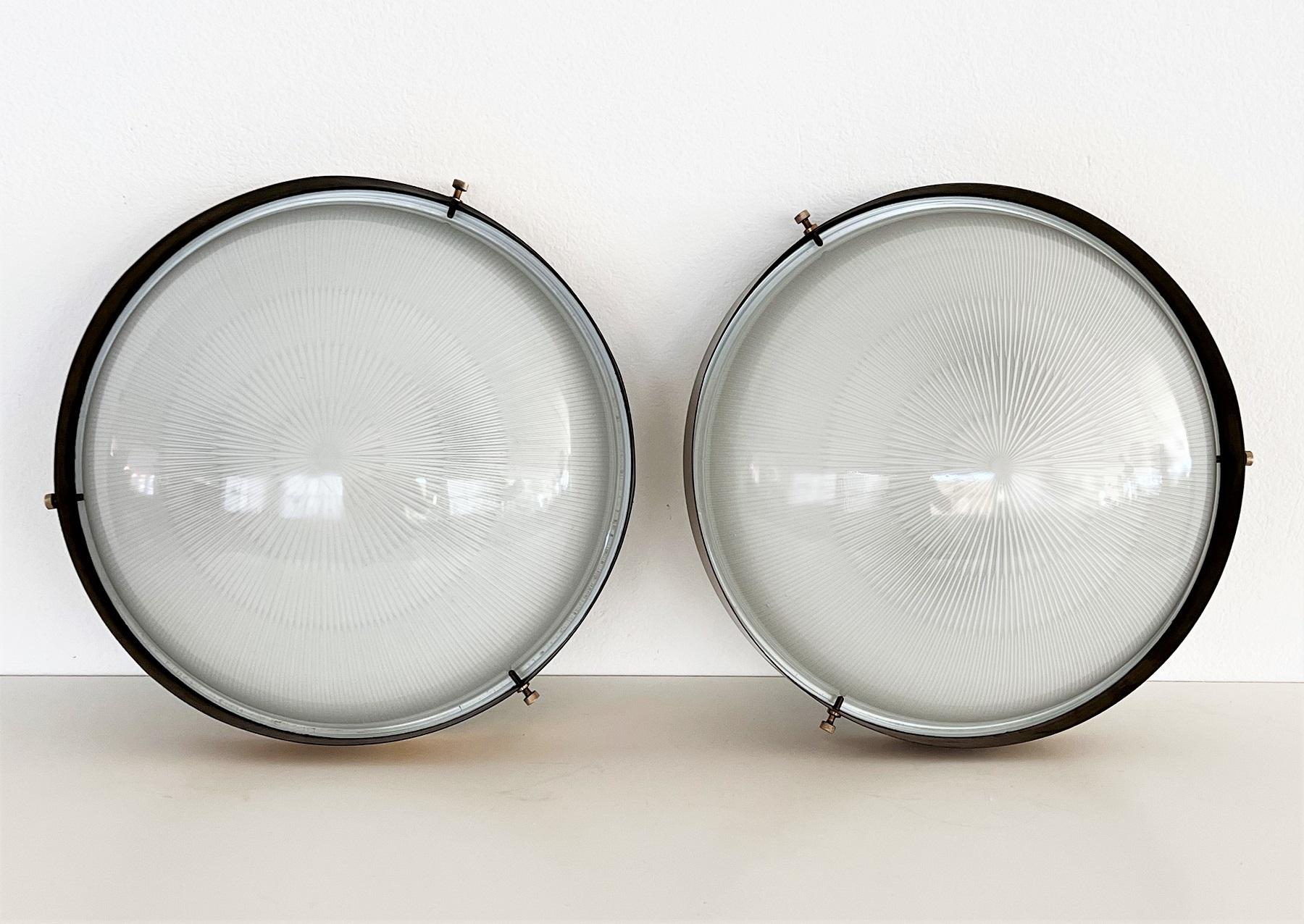 Hand-Crafted Pair Italian MidCentury Brass and Glass Flush Mount Lights or Wall Lights, 1970s