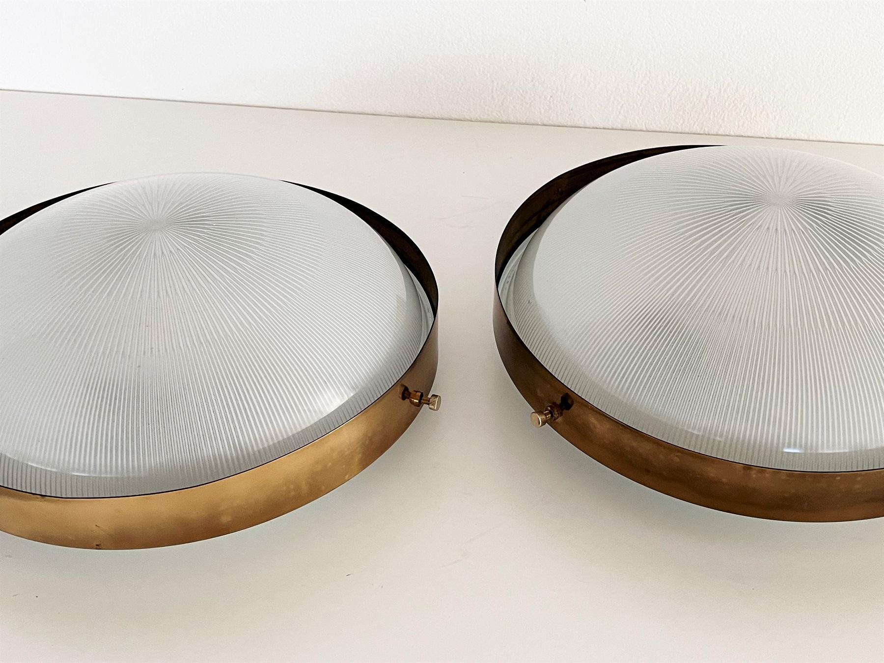 Late 20th Century Pair Italian MidCentury Brass and Glass Flush Mount Lights or Wall Lights, 1970s