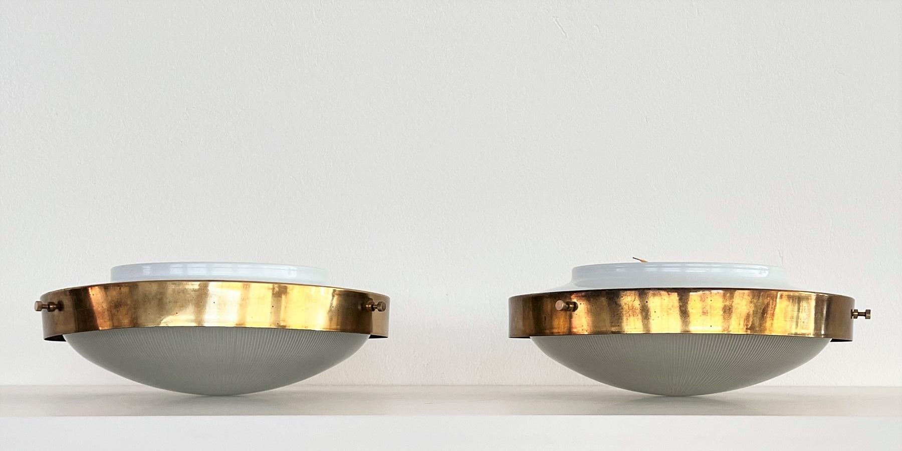 Pair Italian MidCentury Brass and Glass Flush Mount Lights or Wall Lights, 1970s 3