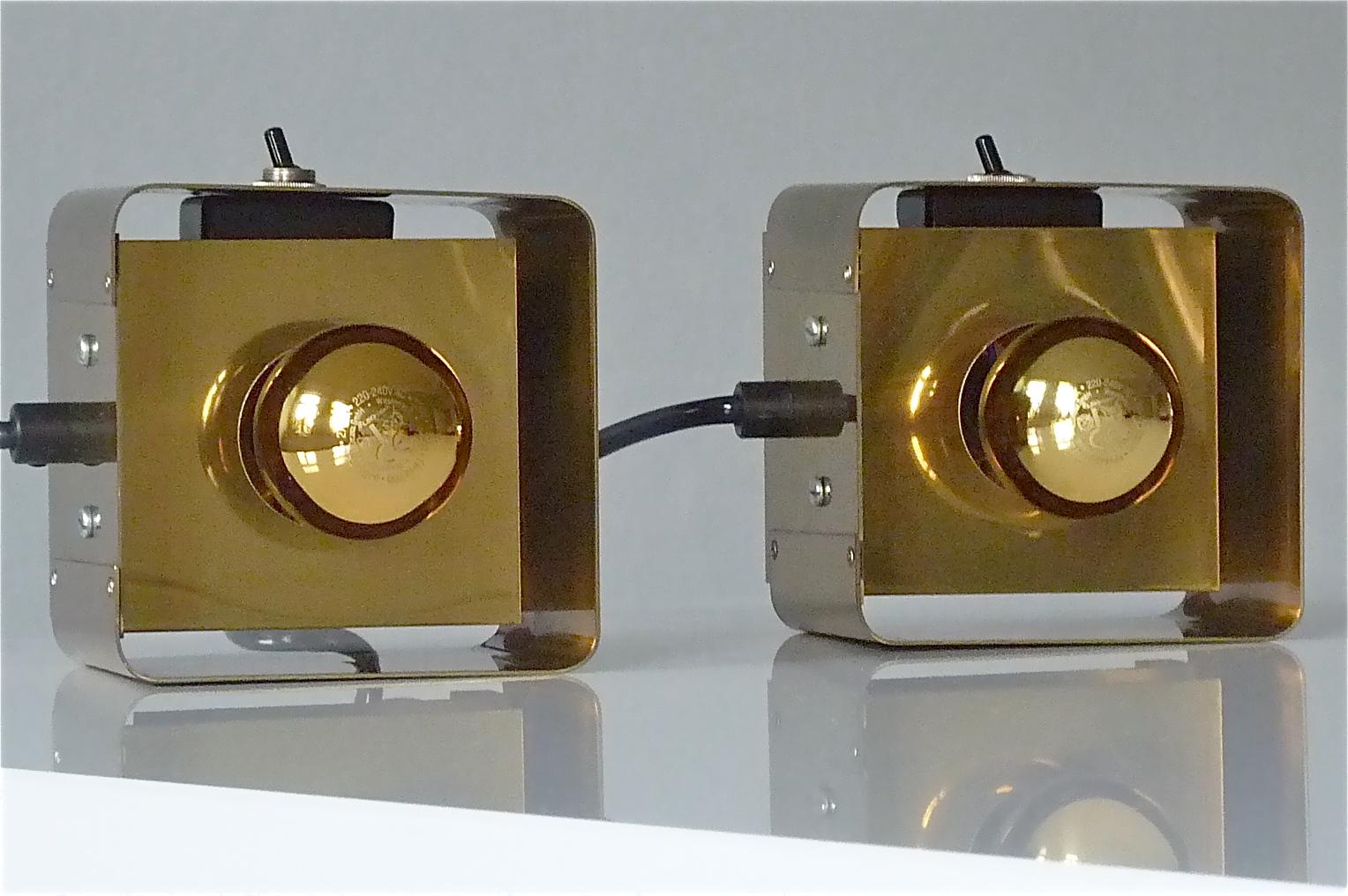 Paar italienische Würfel-Tischlampen aus Messing aus der Mitte des Jahrhunderts Sarfatti Sciolari-Stil 1960er 70er Jahre im Angebot 7