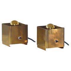 Vintage Pair Italian Midcentury Brass Cube Table Lamps Sarfatti Sciolari Style 1960s 70s