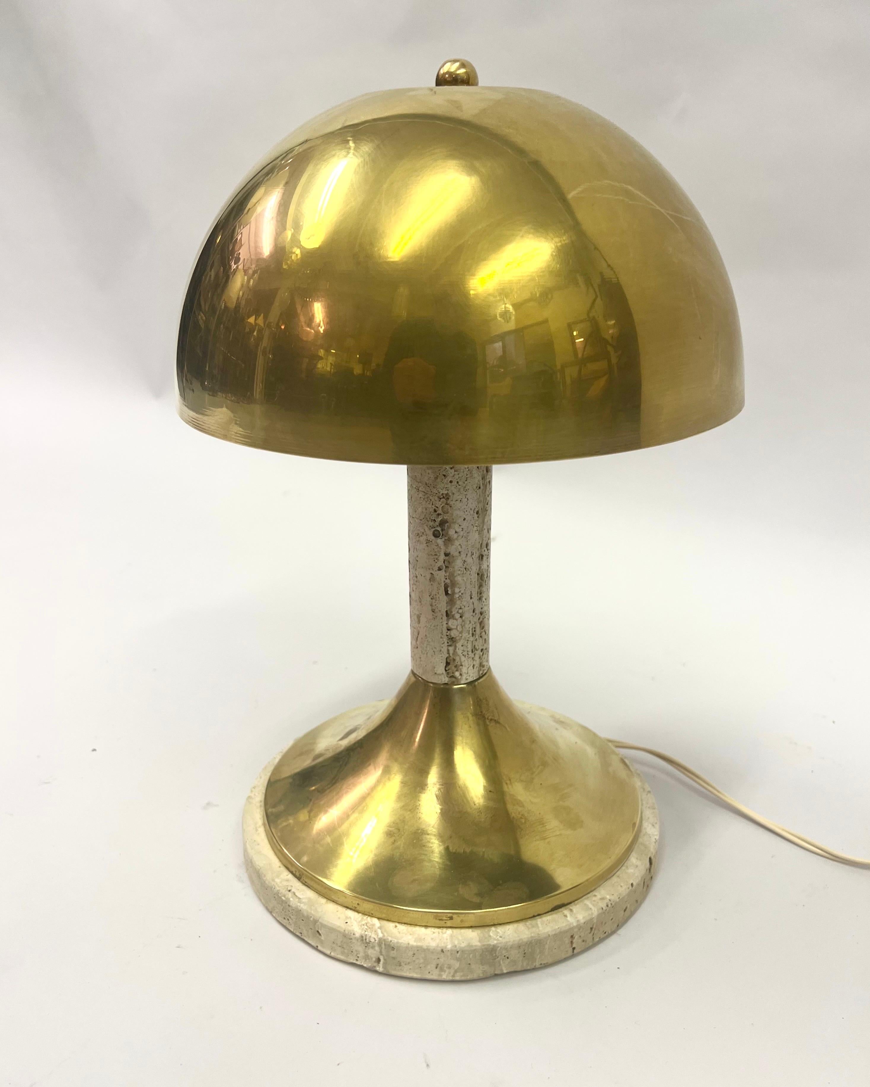 Pair Italian Mid-Century Modern Table Lamp, Brass & Travertine, Gabriella Crespi In Good Condition For Sale In New York, NY