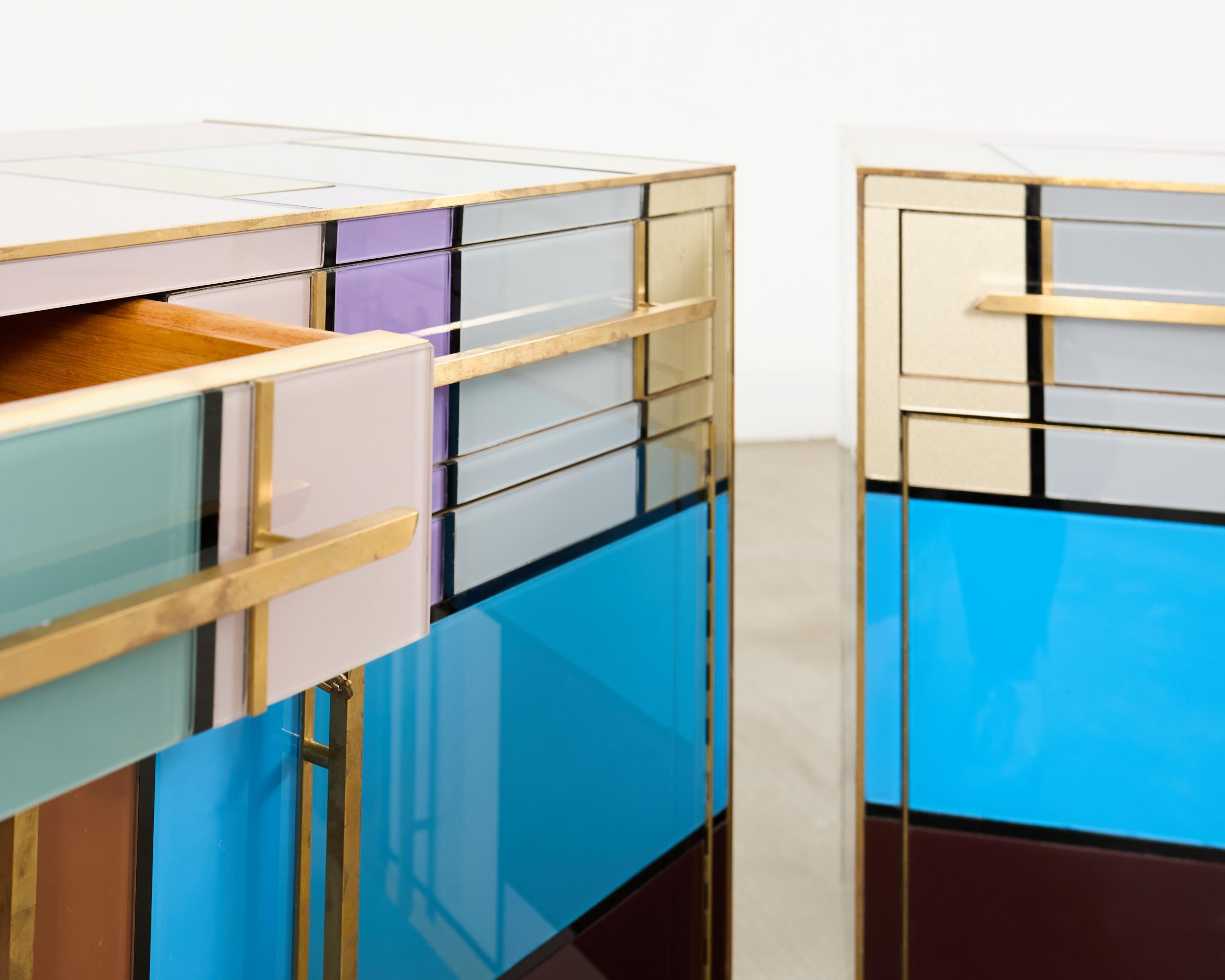 Pair Italian Midcentury Mondrian Style Glass Brass Cabinets For Sale 5
