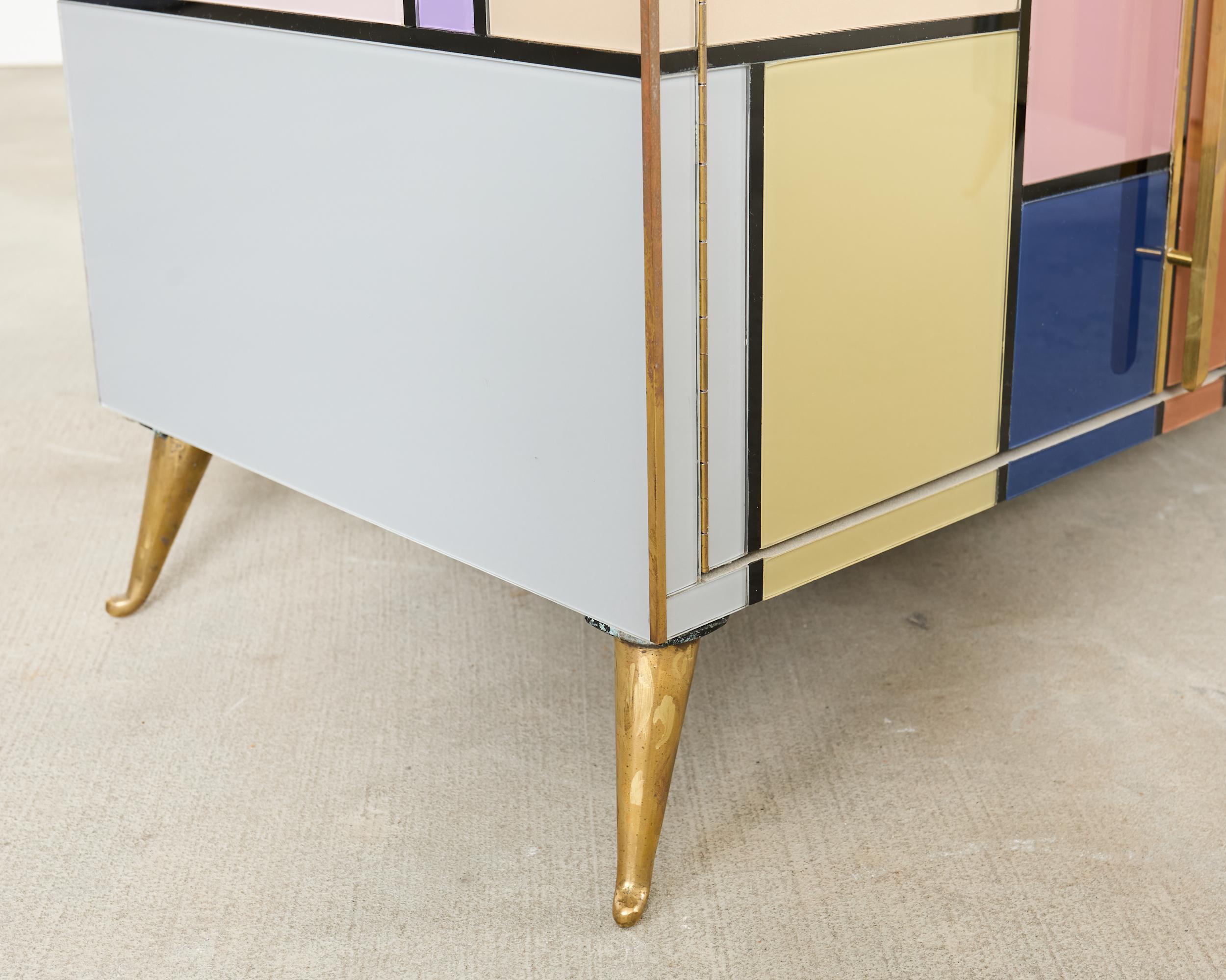 Pair Italian Midcentury Mondrian Style Glass Brass Cabinets For Sale 7