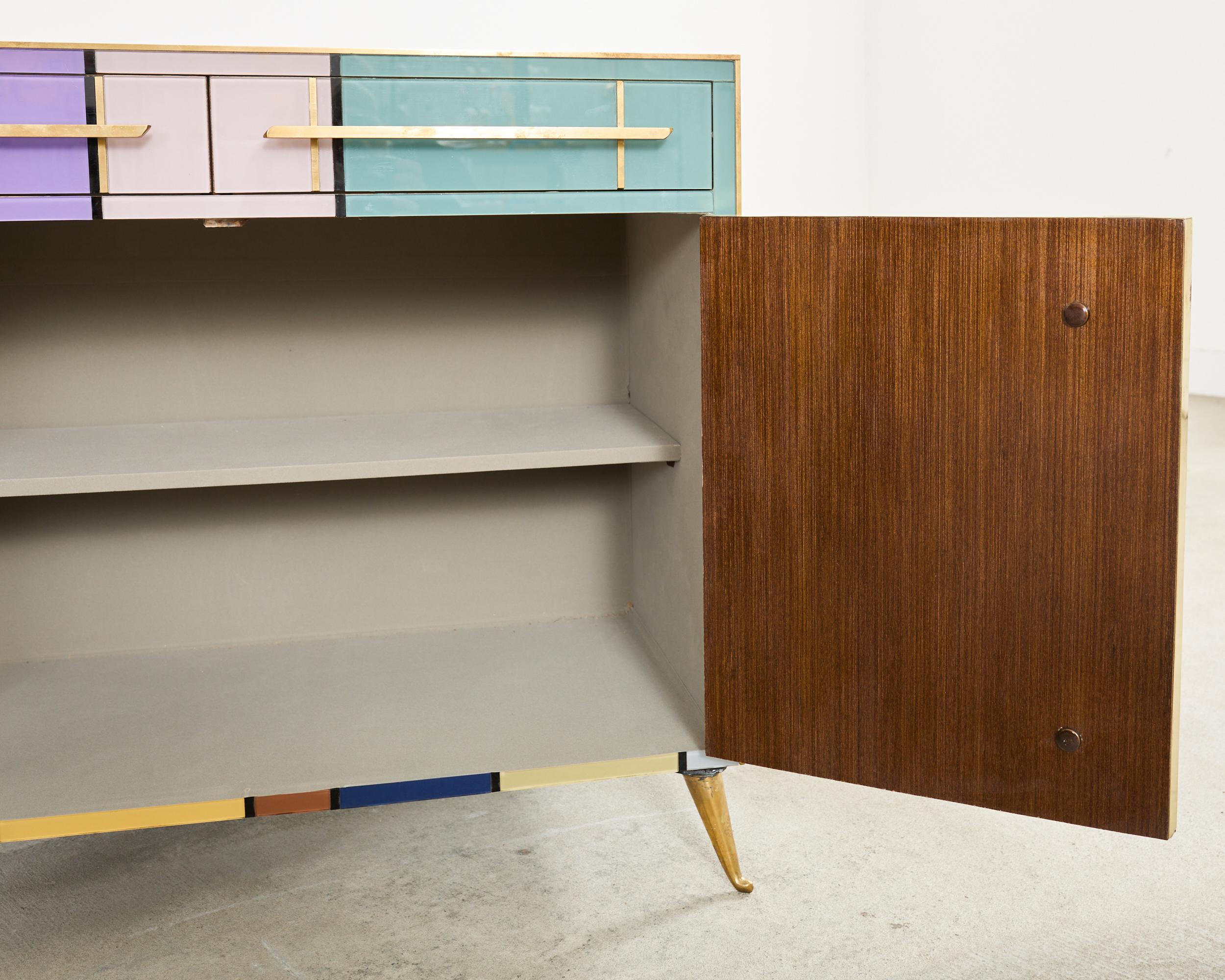 Pair Italian Midcentury Mondrian Style Glass Brass Cabinets For Sale 8