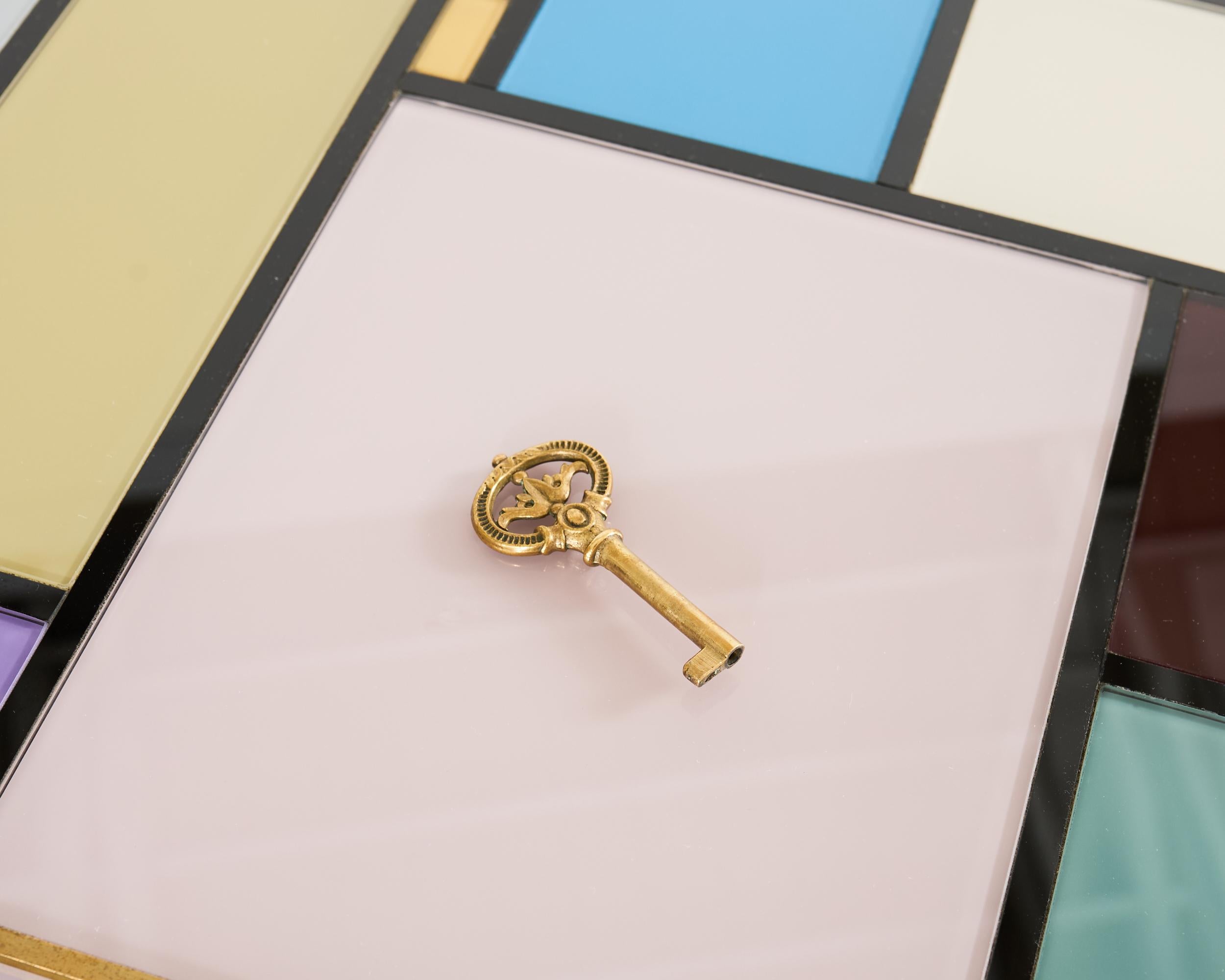 Pair Italian Midcentury Mondrian Style Glass Brass Cabinets For Sale 9