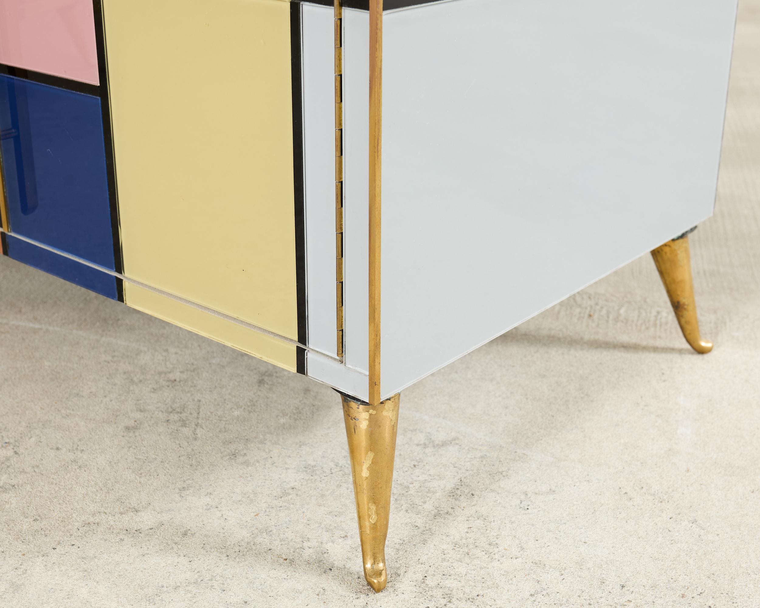 Pair Italian Midcentury Mondrian Style Glass Brass Cabinets For Sale 10