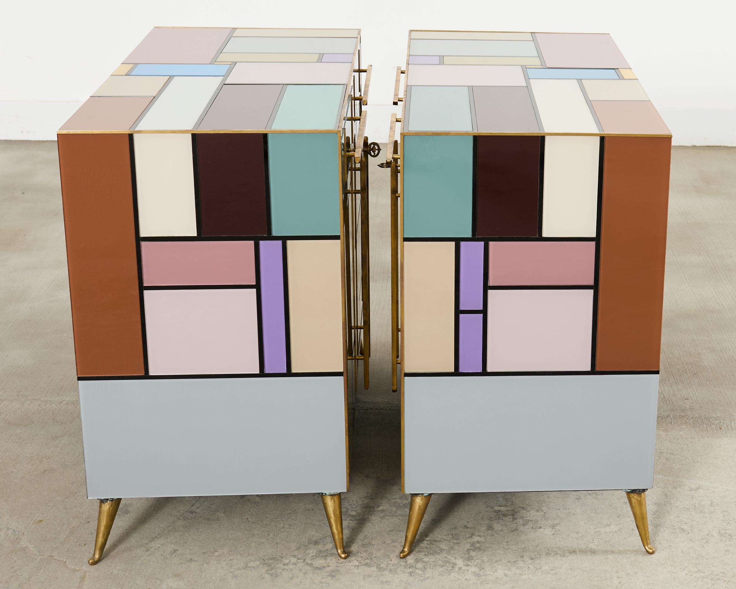 Pair Italian Midcentury Mondrian Style Glass Brass Cabinets For Sale 11