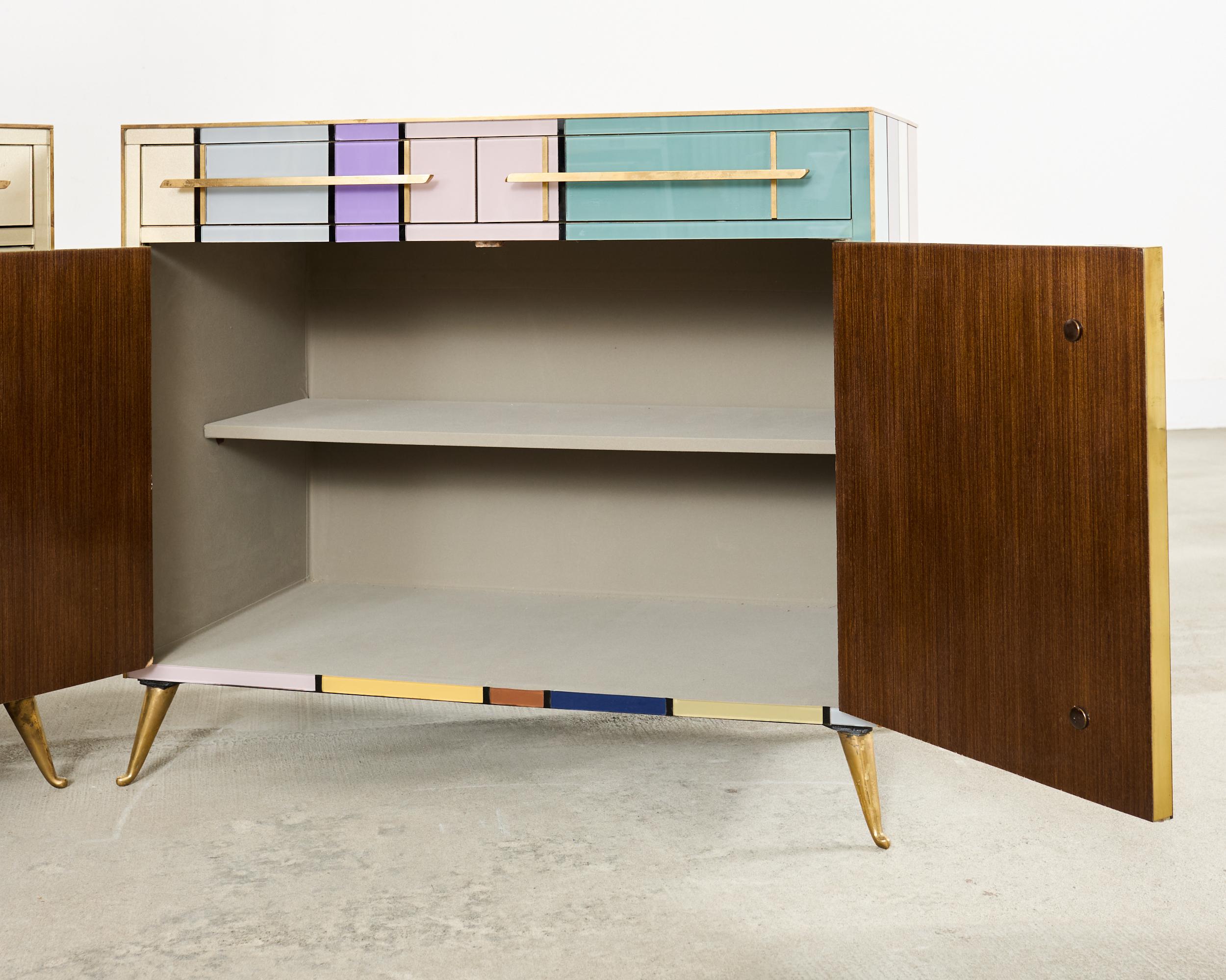 Pair Italian Midcentury Mondrian Style Glass Brass Cabinets For Sale 12