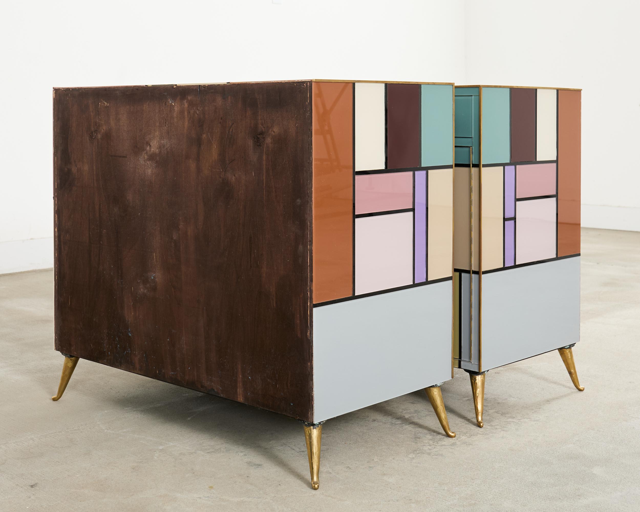 Pair Italian Midcentury Mondrian Style Glass Brass Cabinets For Sale 13