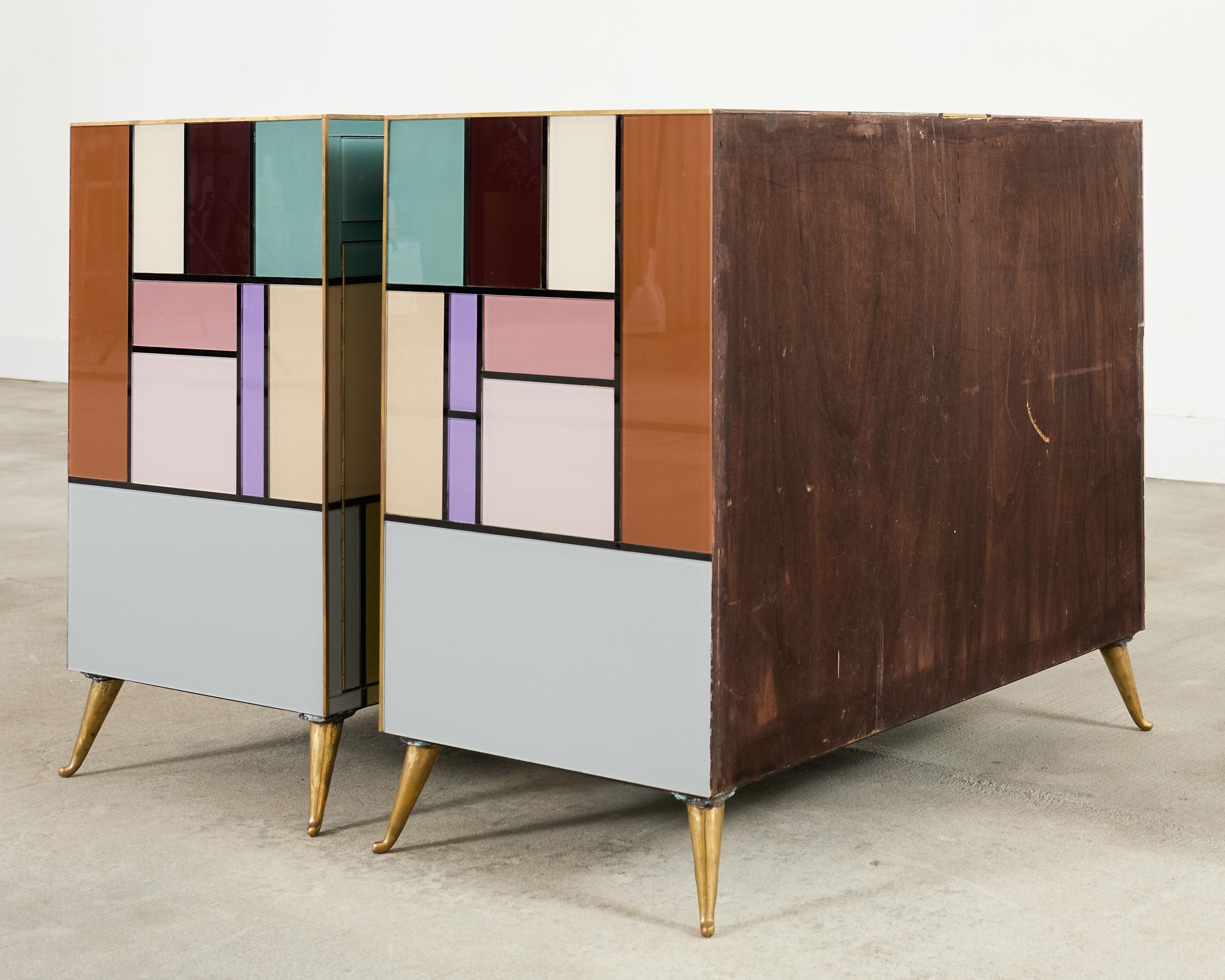 Pair Italian Midcentury Mondrian Style Glass Brass Cabinets For Sale 14