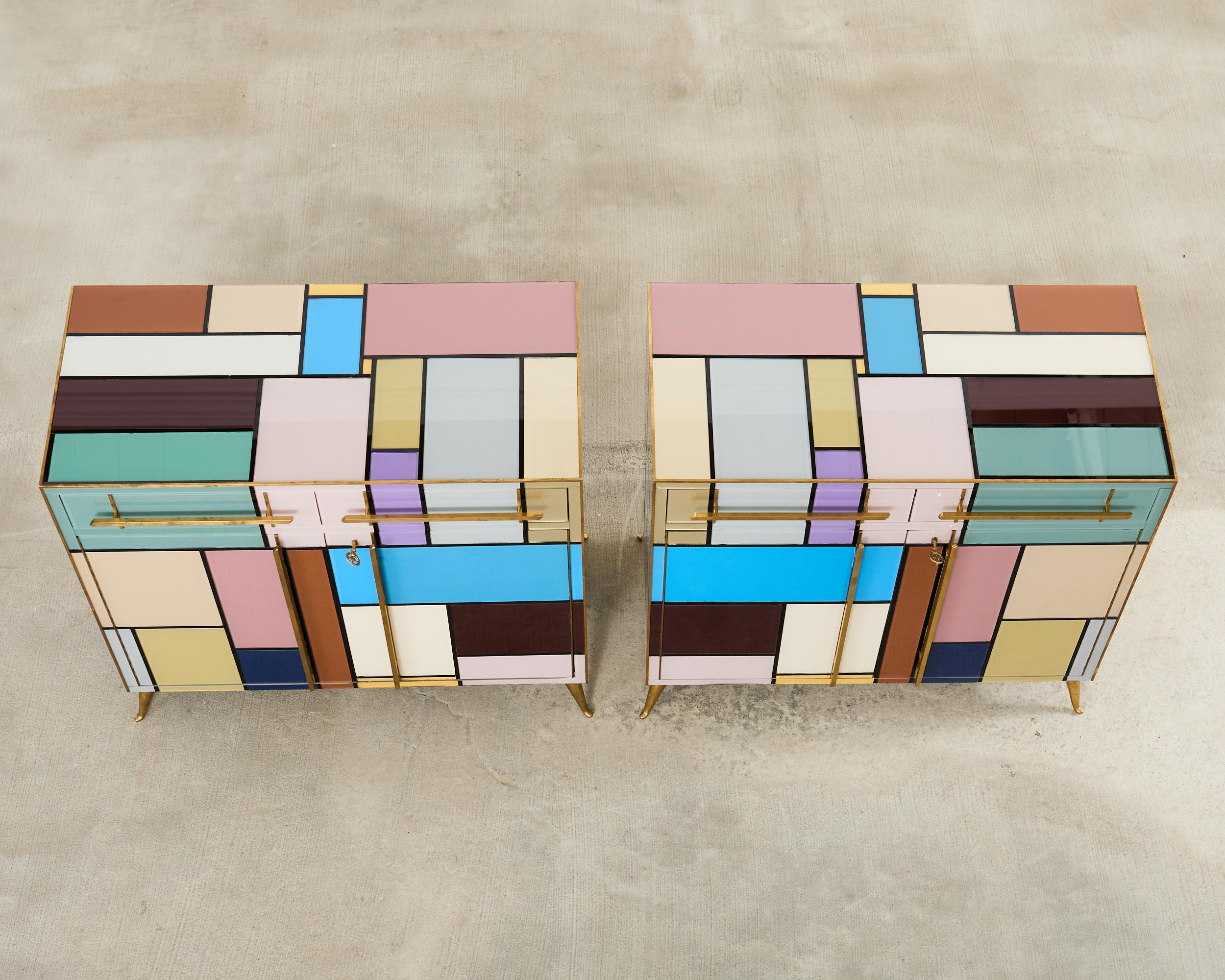 Mid-Century Modern Pair Italian Midcentury Mondrian Style Glass Brass Cabinets For Sale