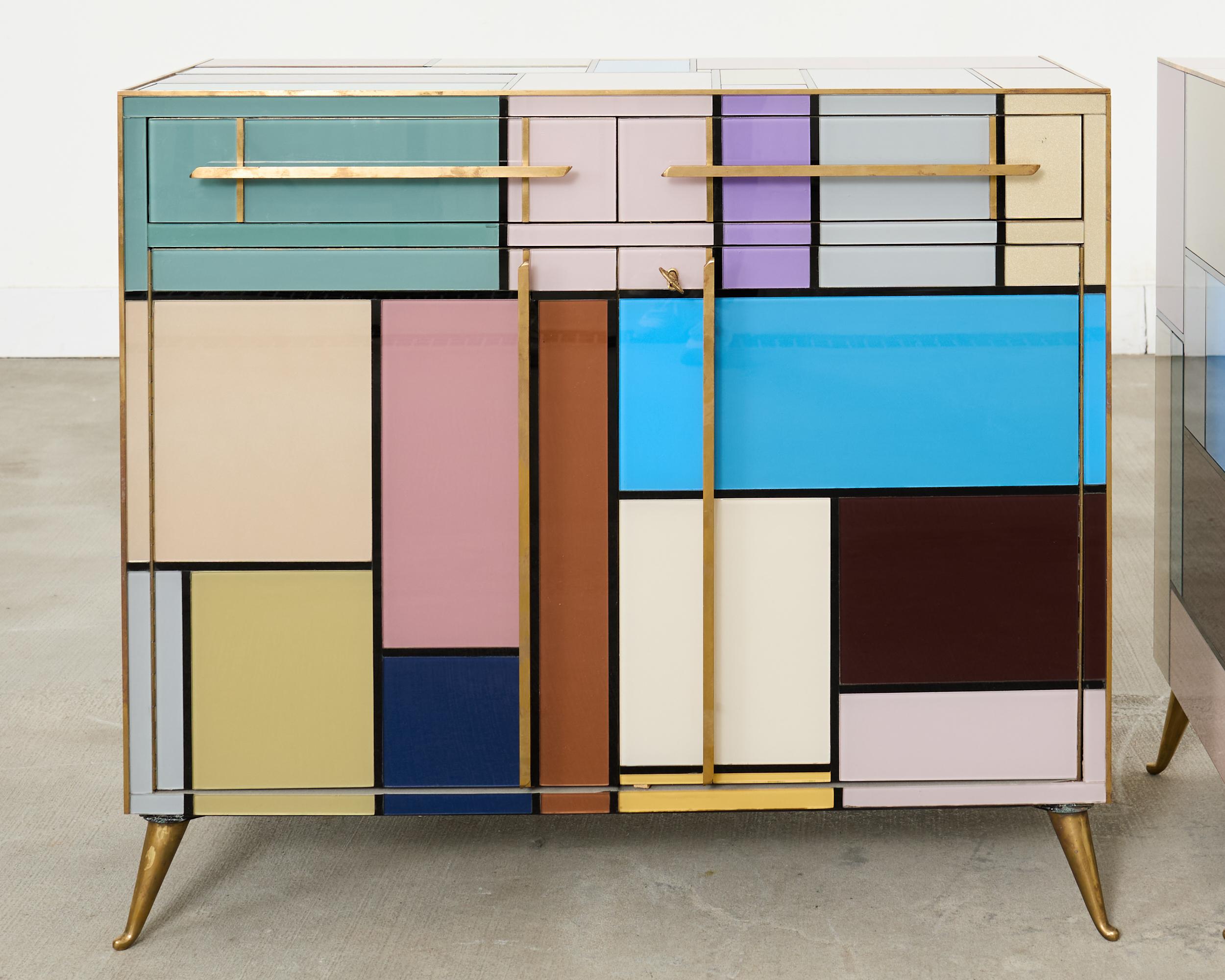 Hand-Crafted Pair Italian Midcentury Mondrian Style Glass Brass Cabinets For Sale