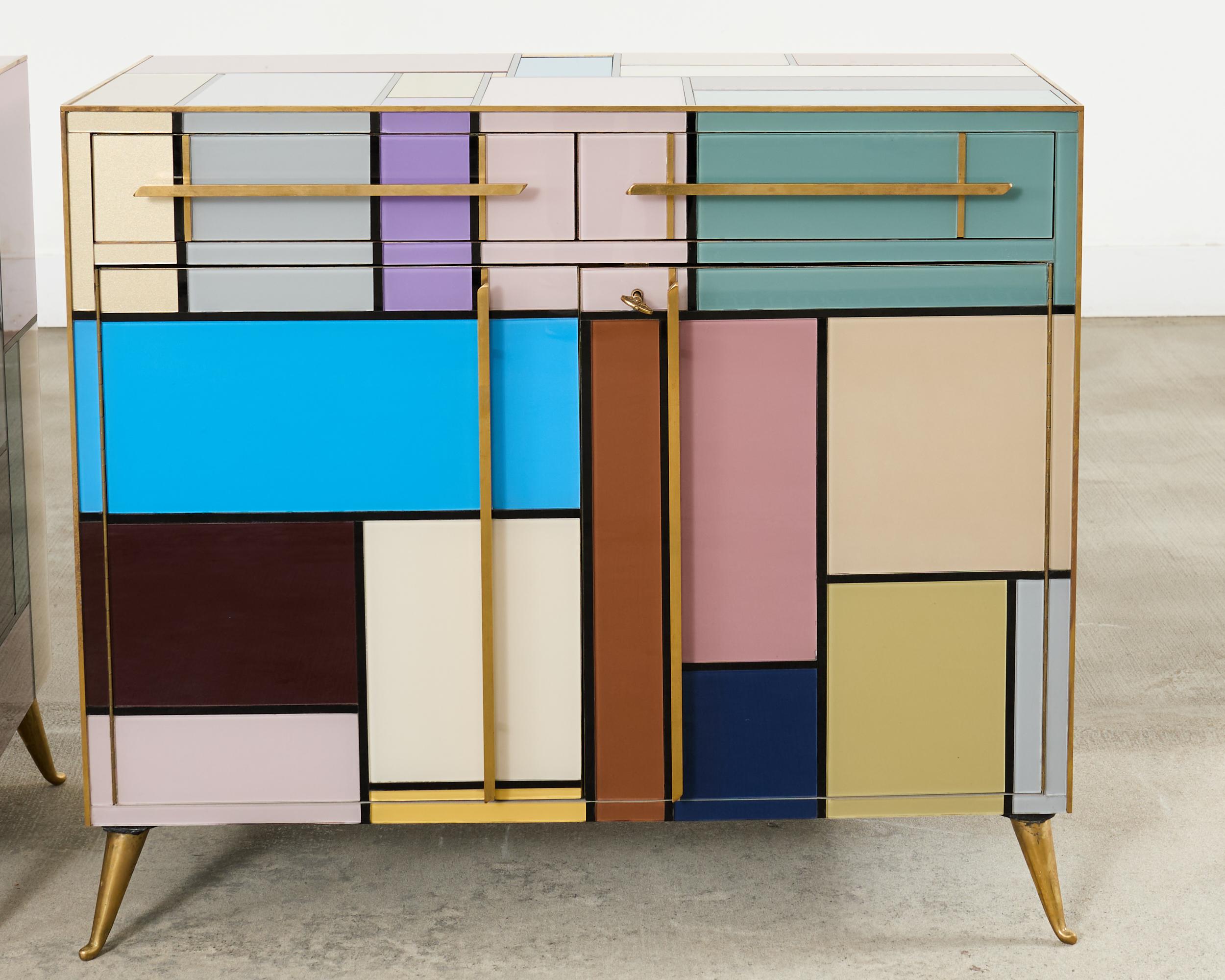 Pair Italian Midcentury Mondrian Style Glass Brass Cabinets In Good Condition For Sale In Rio Vista, CA