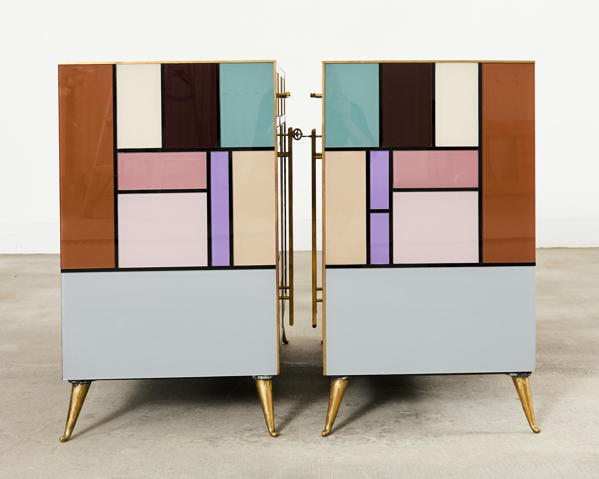 20th Century Pair Italian Midcentury Mondrian Style Glass Brass Cabinets For Sale