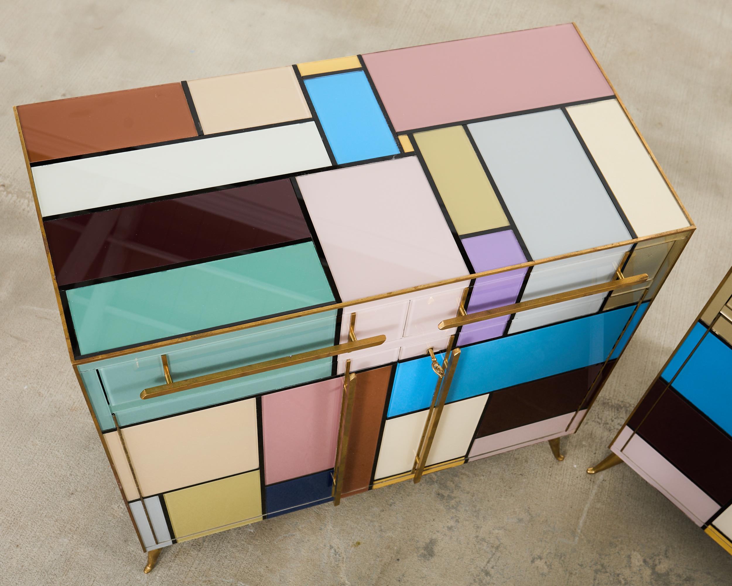 Pair Italian Midcentury Mondrian Style Glass Brass Cabinets For Sale 1