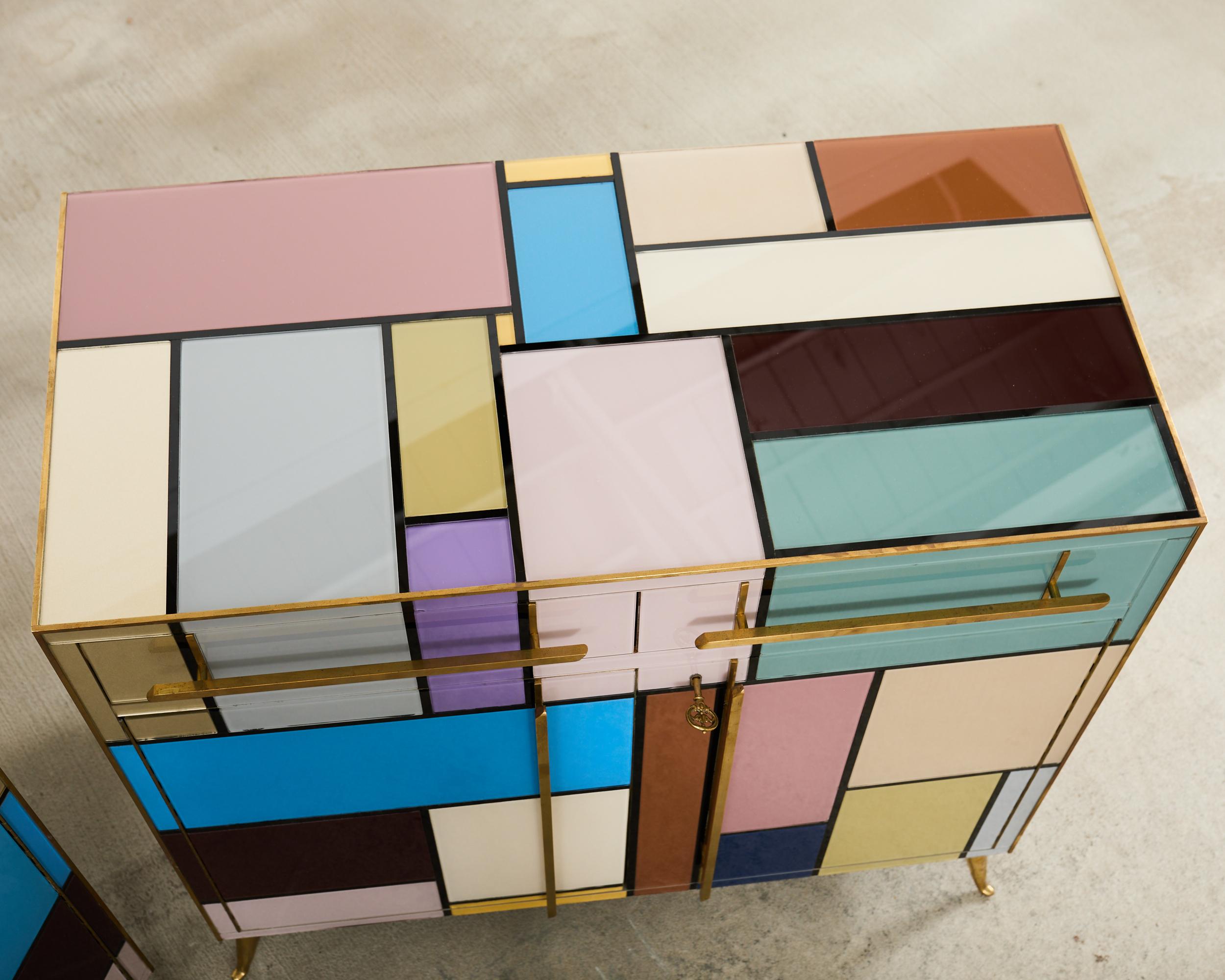 Pair Italian Midcentury Mondrian Style Glass Brass Cabinets For Sale 2