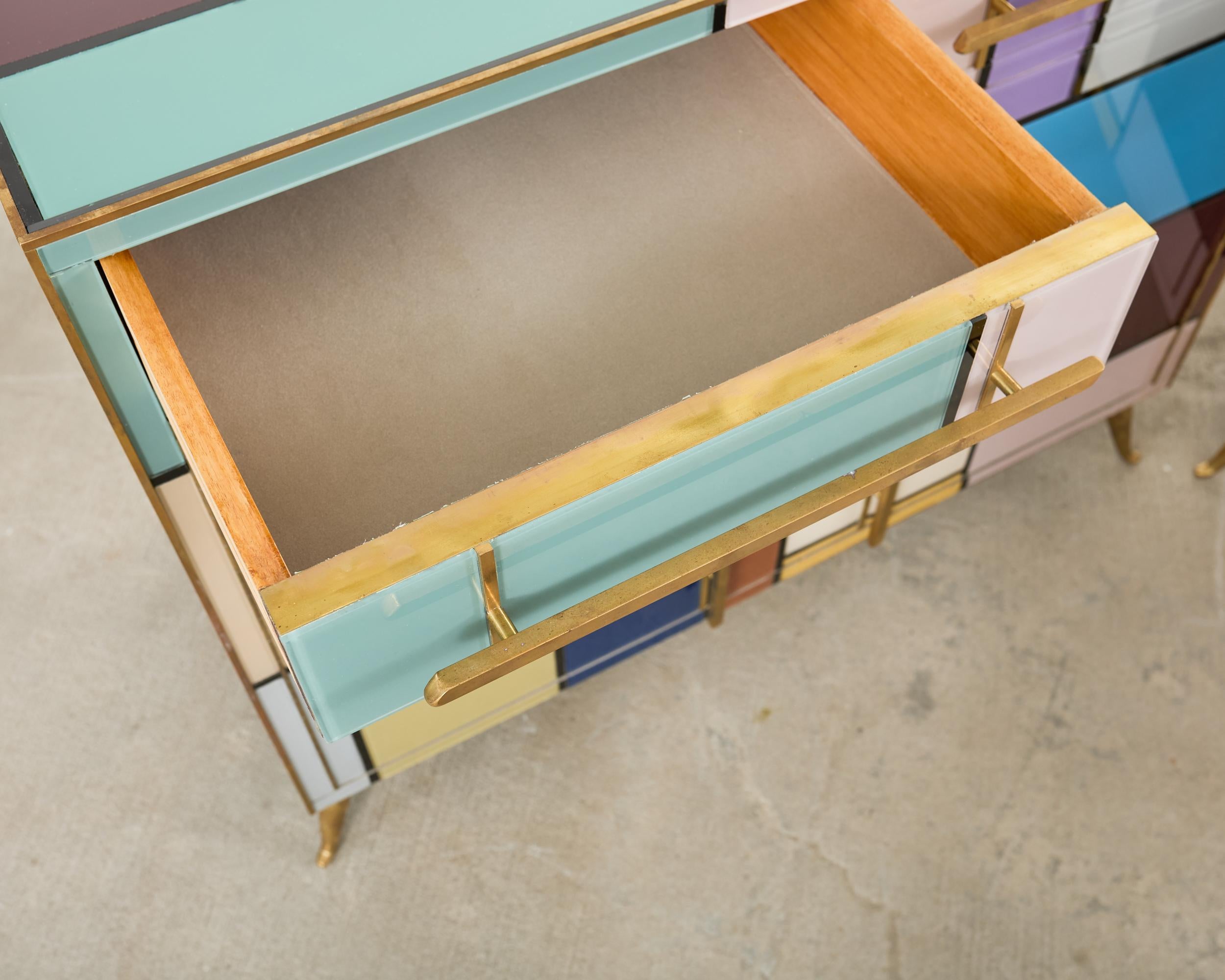 Pair Italian Midcentury Mondrian Style Glass Brass Cabinets For Sale 3