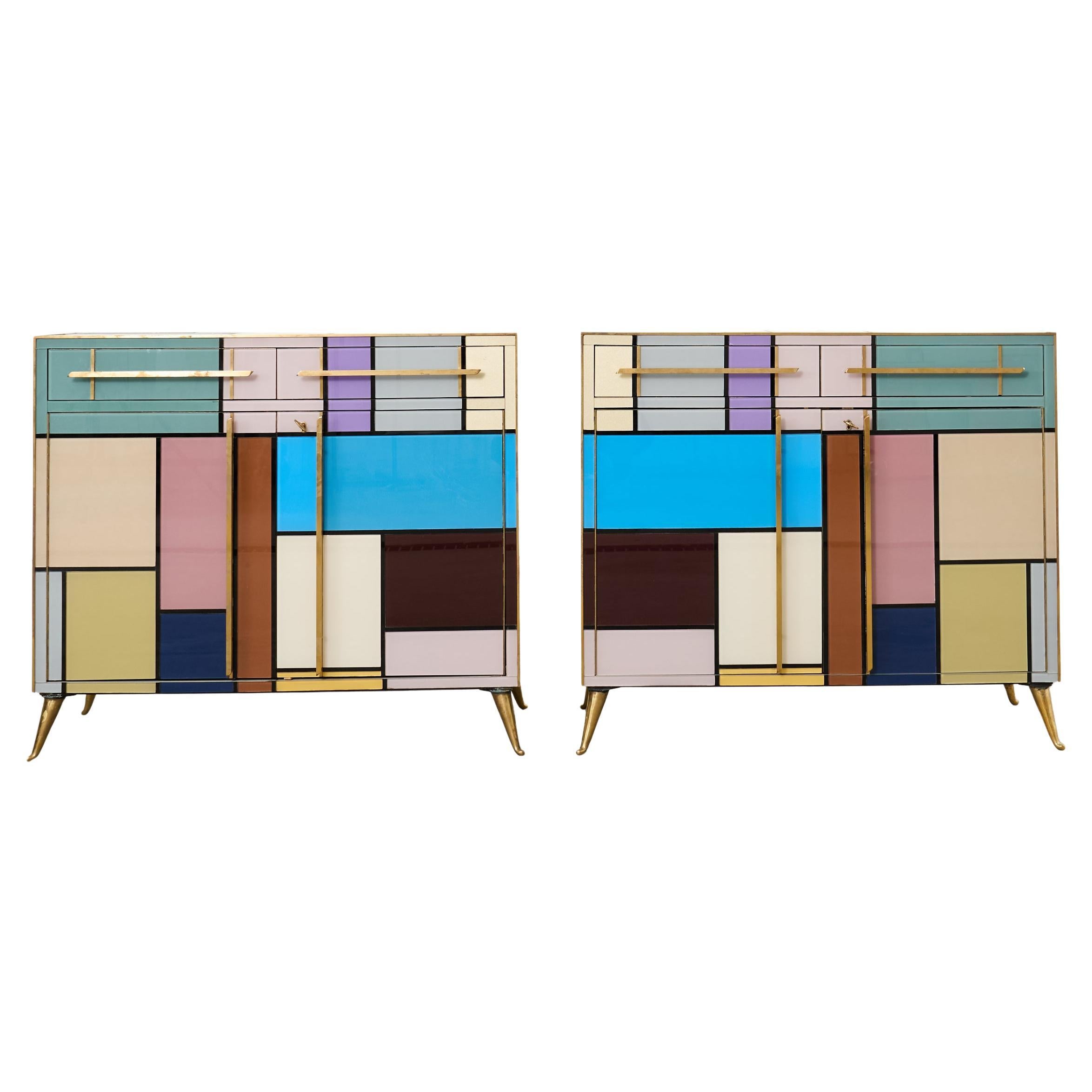 Pair Italian Midcentury Mondrian Style Glass Brass Cabinets For Sale