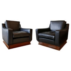 Pair Italian Modern Black Leather Club Chairs by Giovanni Alfredi