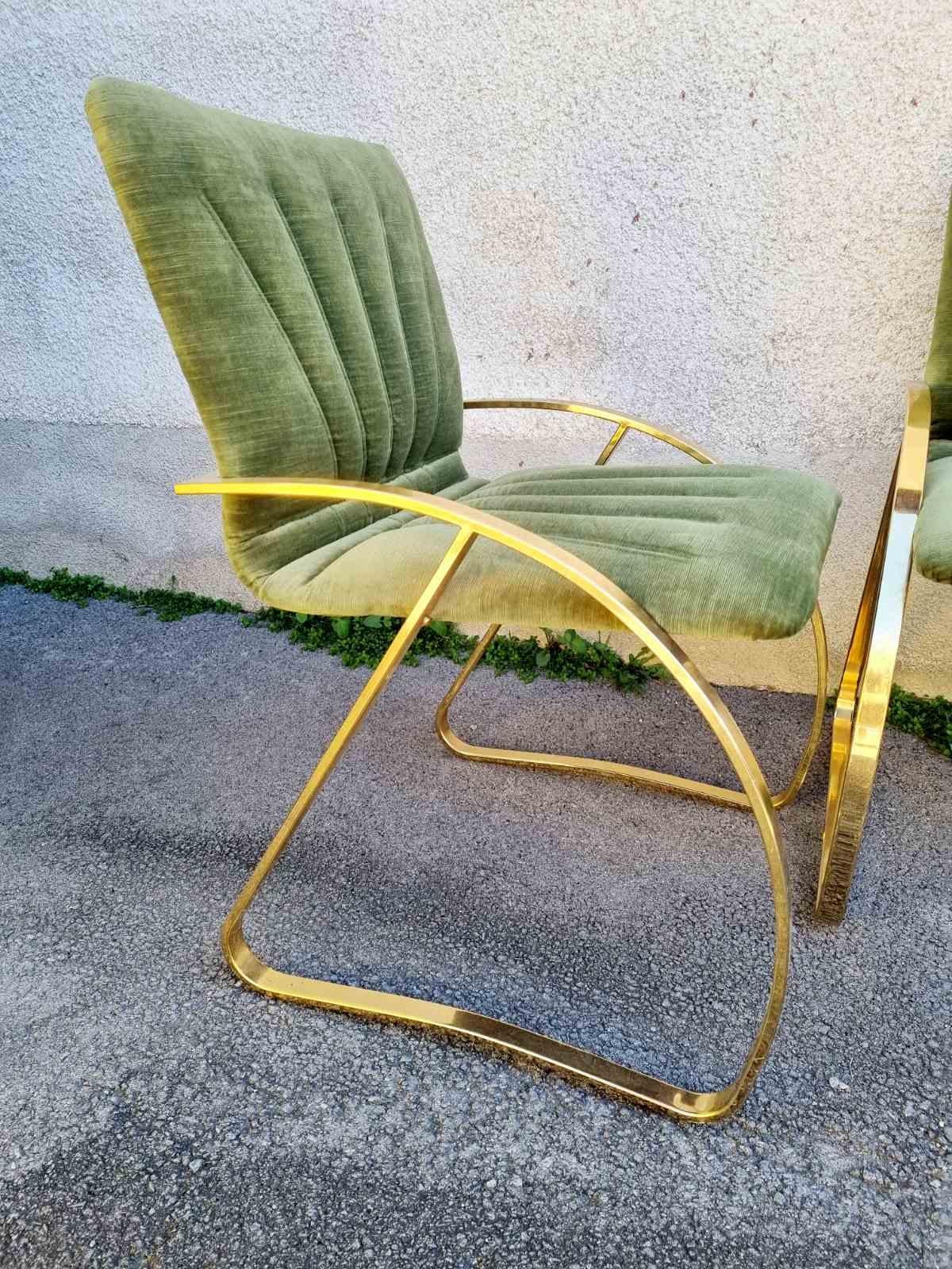 Pair Italian Modern Brick Green Velvet and Gold Chromed Metal Chairs, Italy 70s For Sale 5