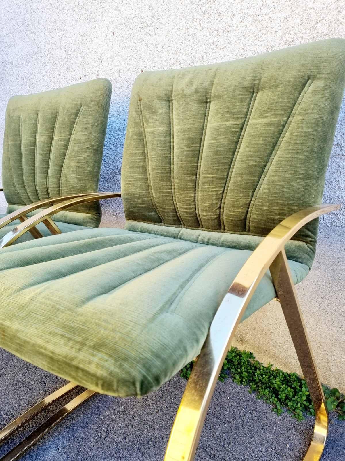 Pair Italian Modern Brick Green Velvet and Gold Chromed Metal Chairs, Italy 70s For Sale 6