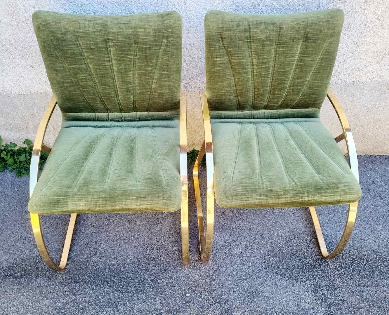 Pair Italian Modern Brick Green Velvet and Gold Chromed Metal Chairs, Italy 70s For Sale 7