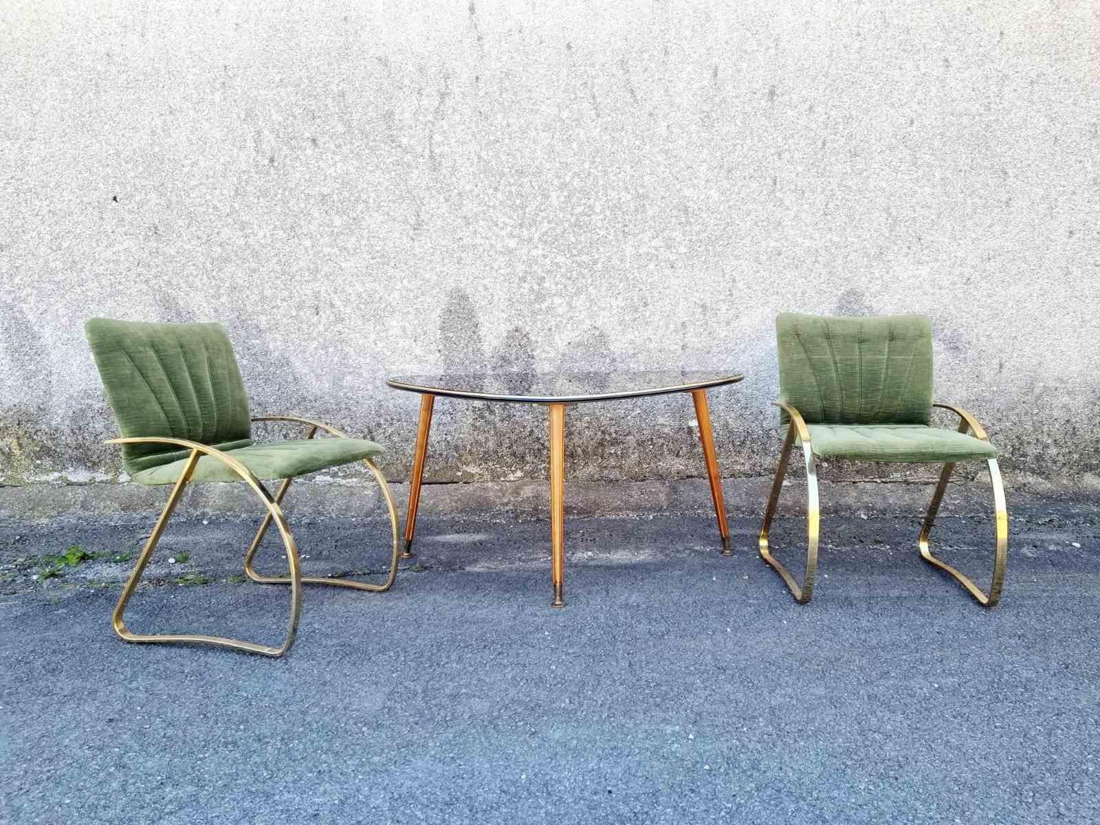 Pair Italian Modern Brick Green Velvet and Gold Chromed Metal Chairs, Italy 70s For Sale 9
