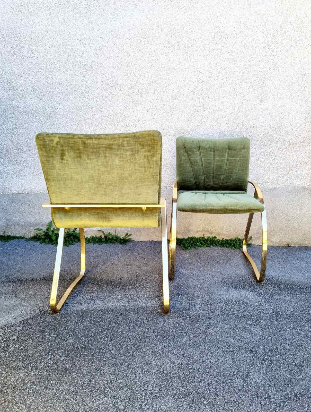 Pair Italian Modern Brick Green Velvet and Gold Chromed Metal Chairs, Italy 70s For Sale 10