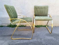 Pair Italian Modern Brick Green Velvet and Gold Chromed Metal Chairs, Italy 70s