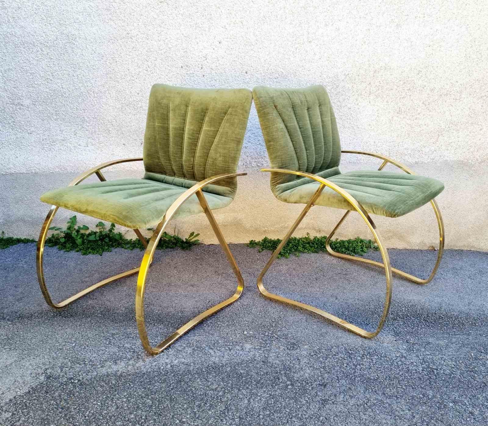 Mid-Century Modern Pair Italian Modern Brick Green Velvet and Gold Chromed Metal Chairs, Italy 70s For Sale