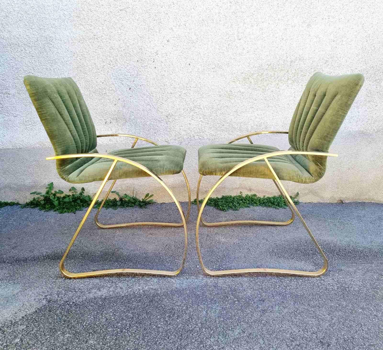 Pair Italian Modern Brick Green Velvet and Gold Chromed Metal Chairs, Italy 70s In Good Condition For Sale In Lucija, SI