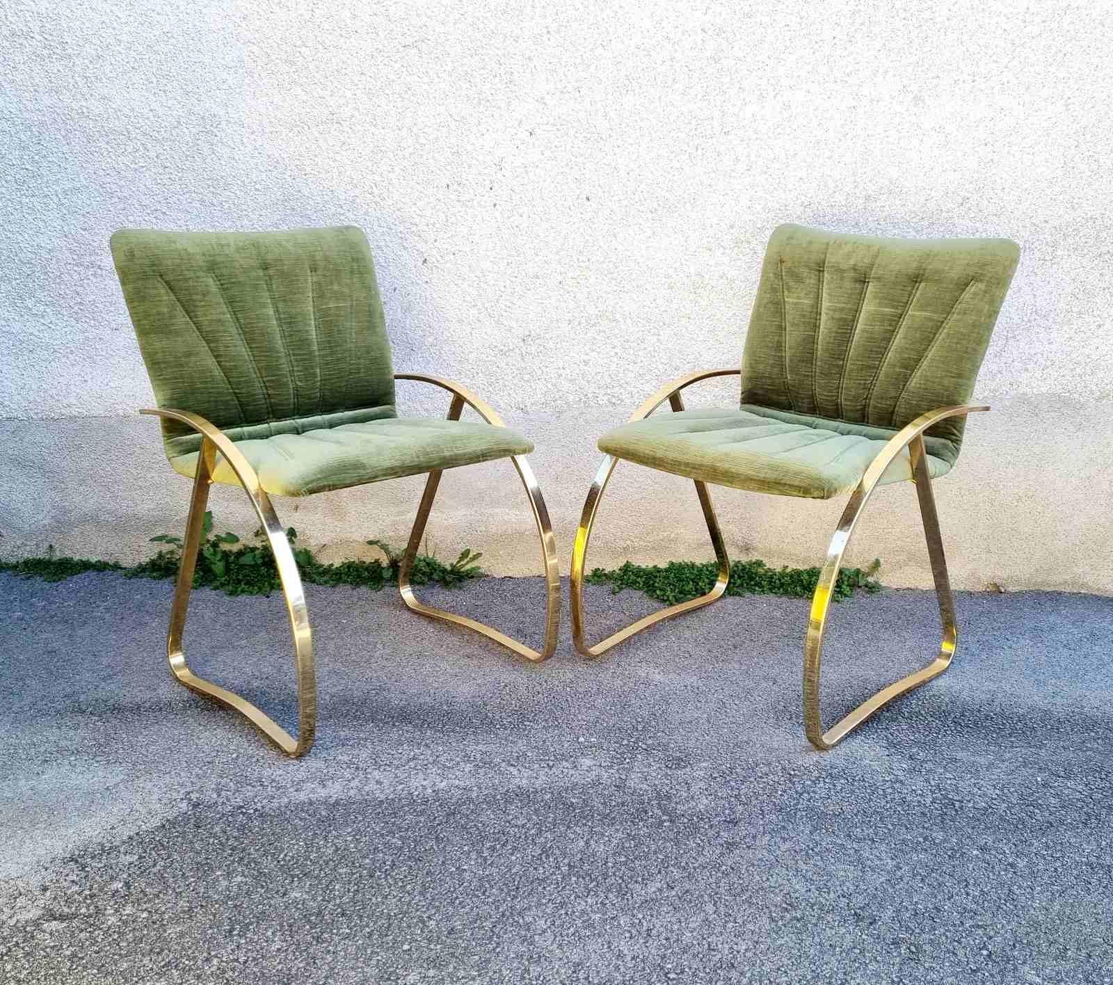 Late 20th Century Pair Italian Modern Brick Green Velvet and Gold Chromed Metal Chairs, Italy 70s For Sale