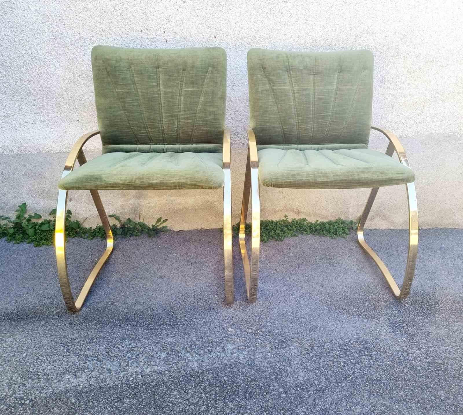 Pair Italian Modern Brick Green Velvet and Gold Chromed Metal Chairs, Italy 70s For Sale 1