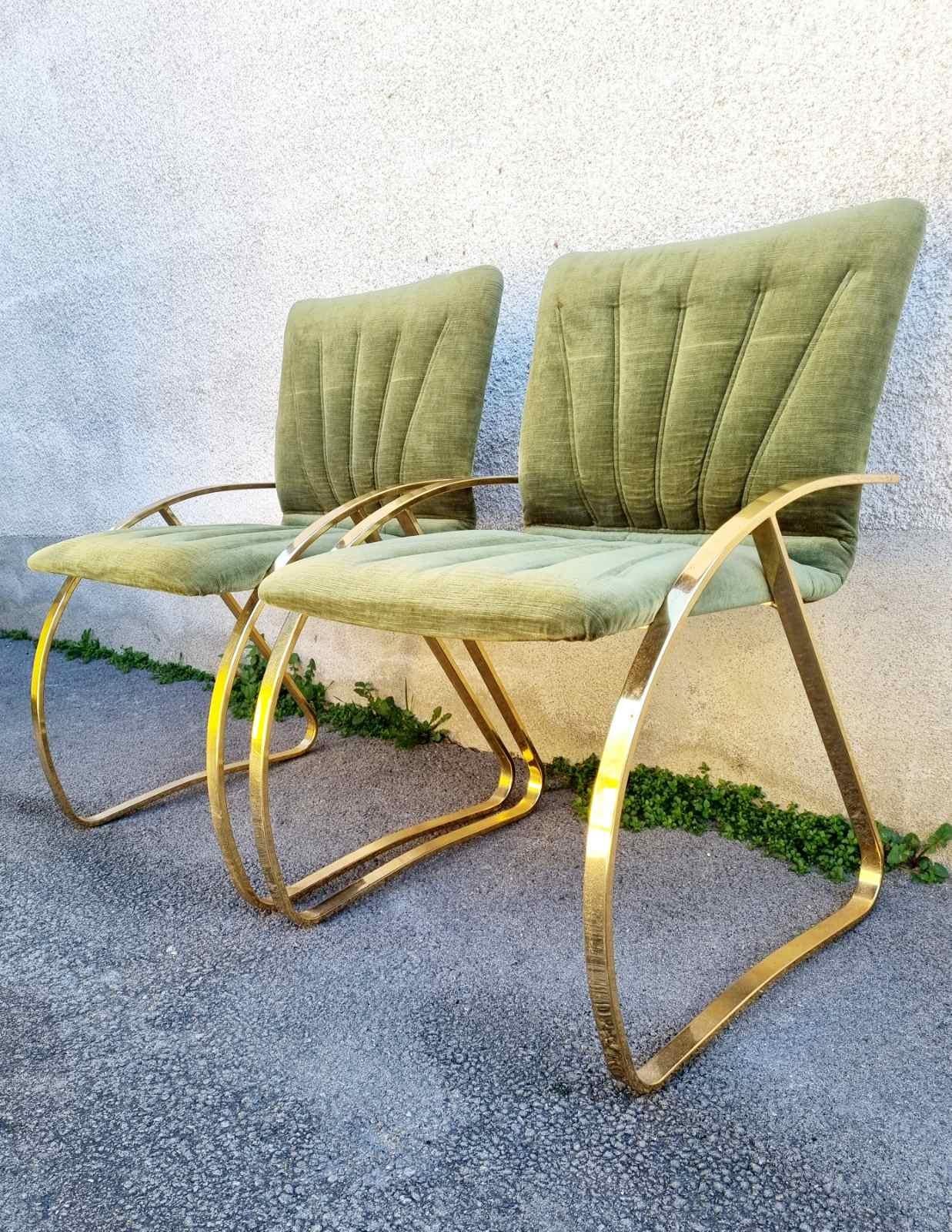Pair Italian Modern Brick Green Velvet and Gold Chromed Metal Chairs, Italy 70s For Sale 2
